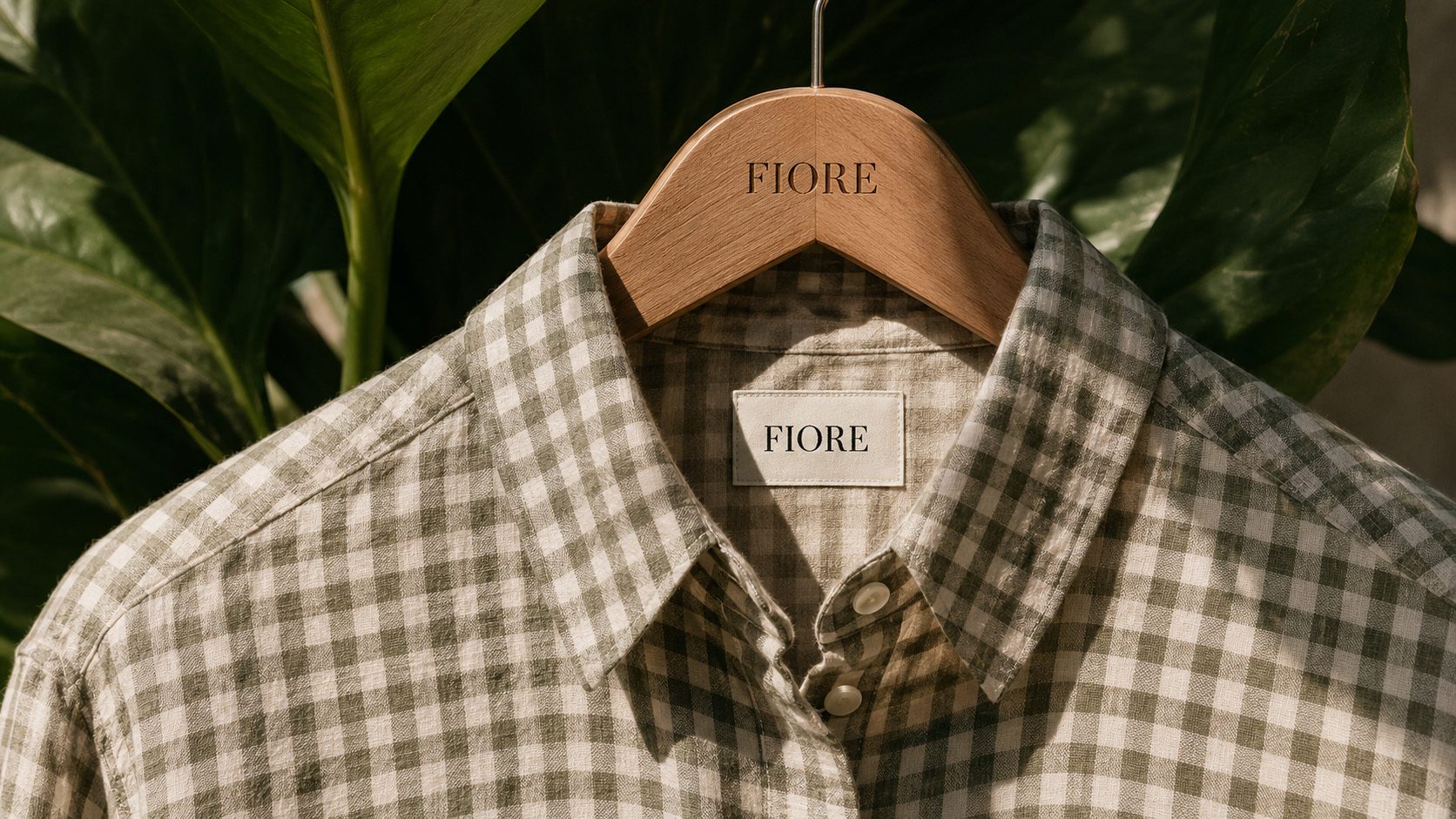 Camisa aos quadrados com etiqueta da Fiore num cabide de madeira