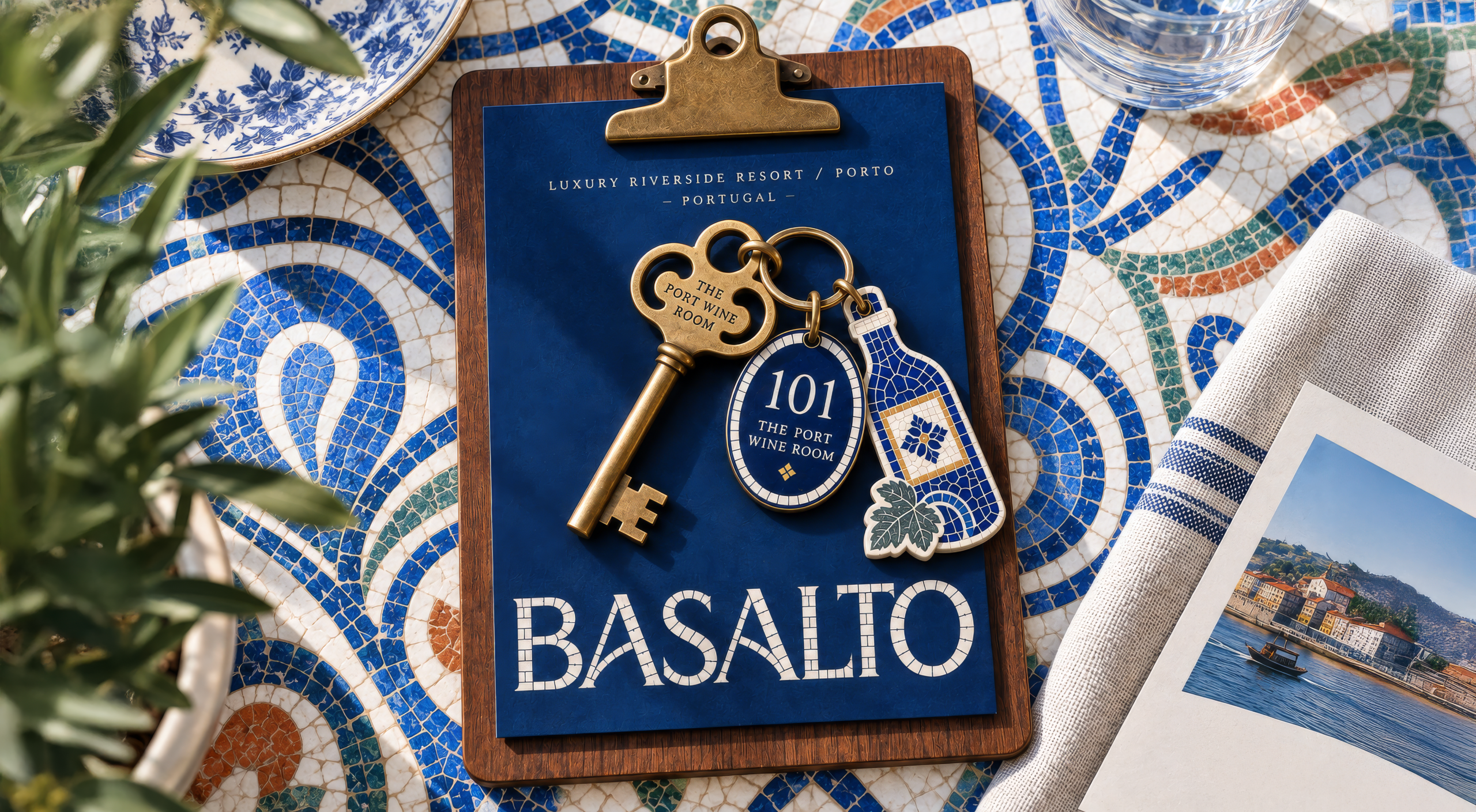 Prancheta e porta-chaves com o logótipo do Basalto sobre azulejo português