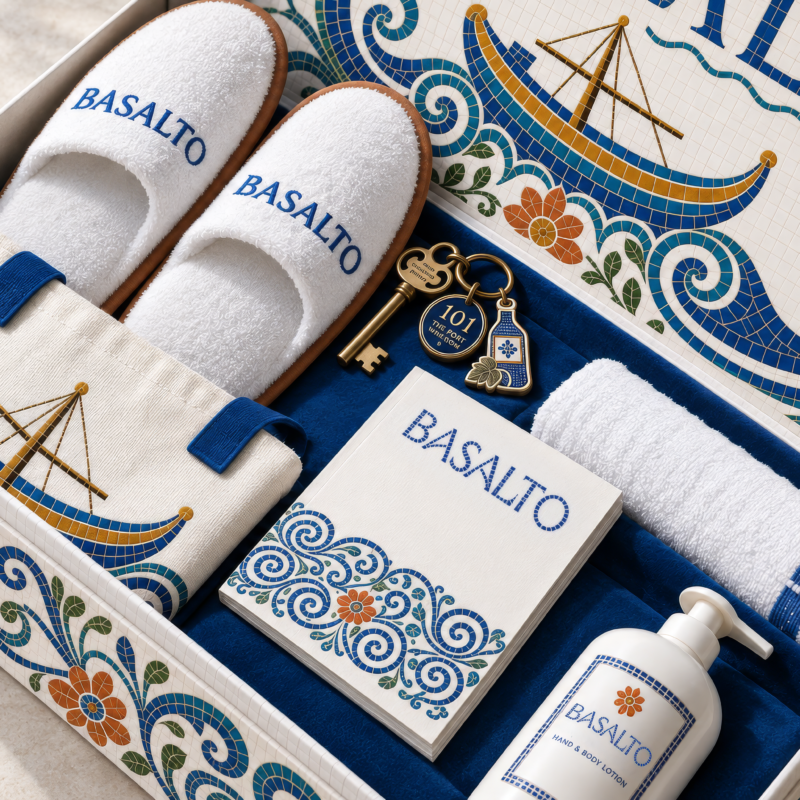 Kit de boas-vindas do Basalto com chinelos e produtos de higiene