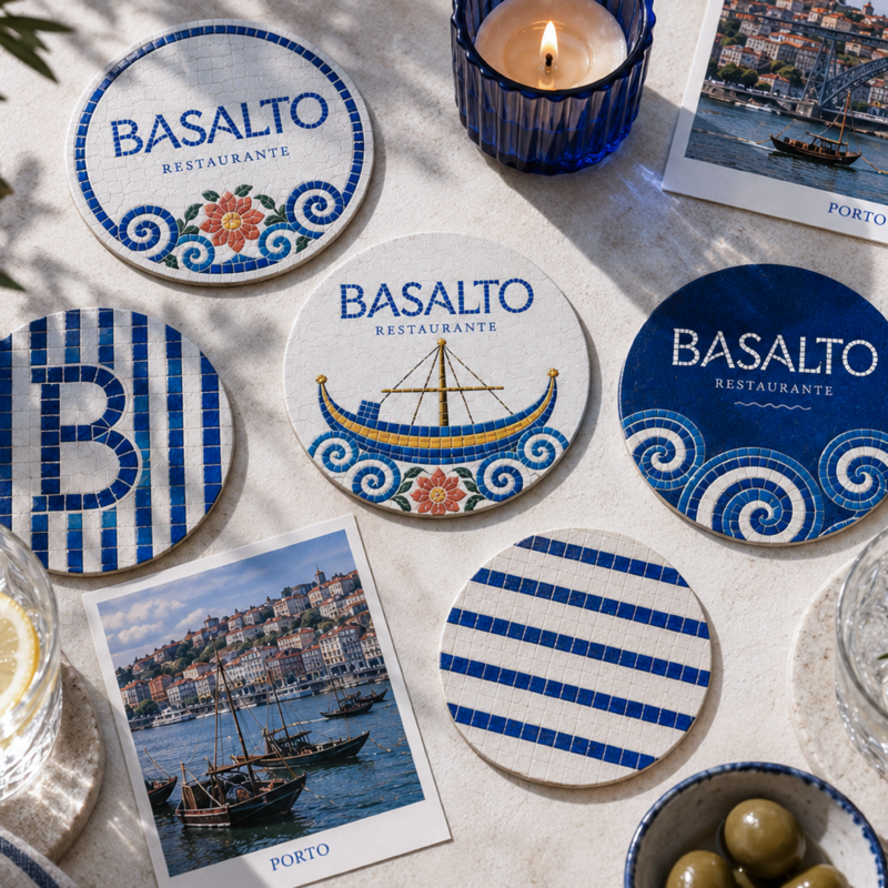 Bases de copo do Basalto com padrões azuis e fotografia do Porto