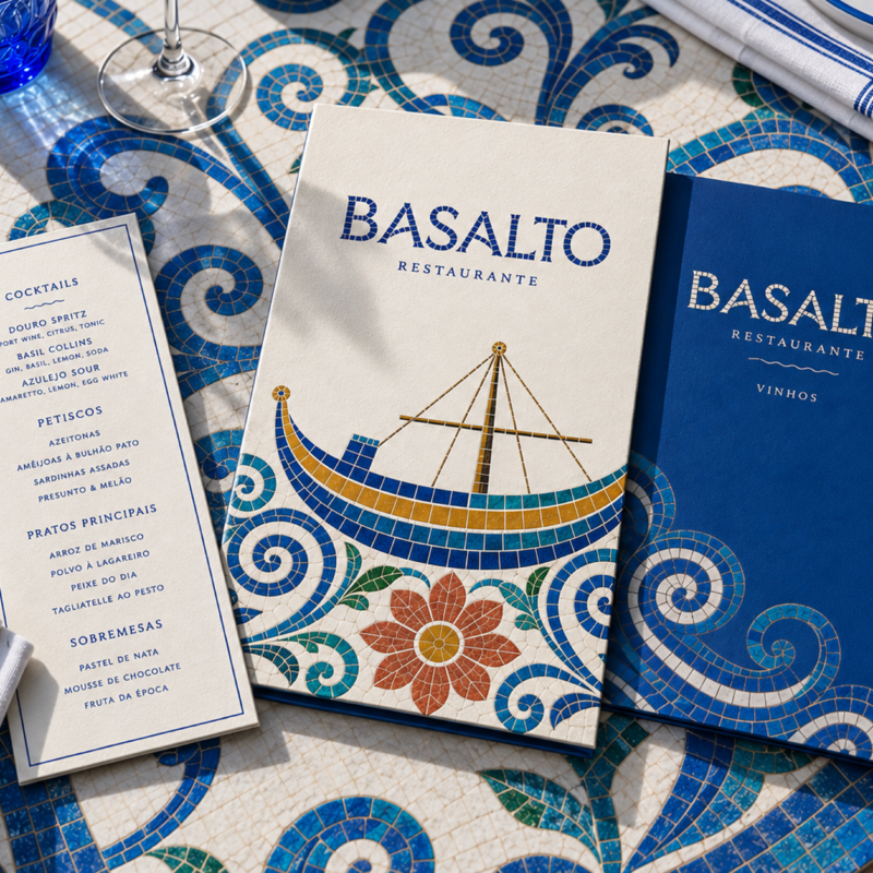 Menus do restaurante do Basalto sobre toalha de azulejo