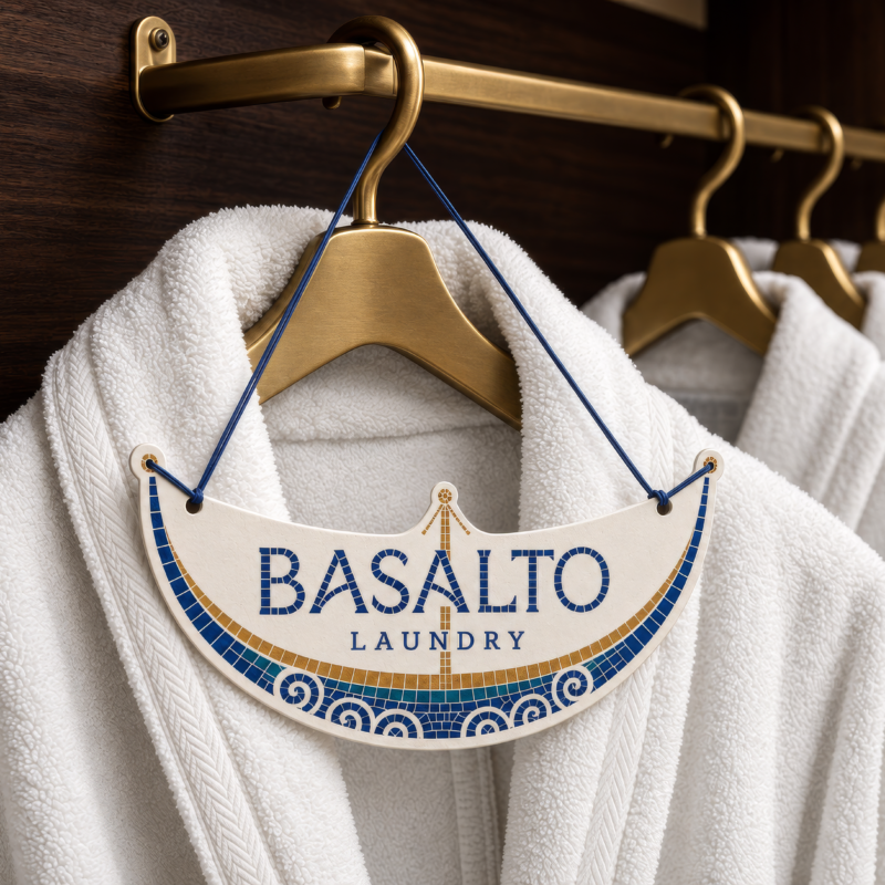 Etiqueta da lavandaria do Basalto pendurada num roupão branco