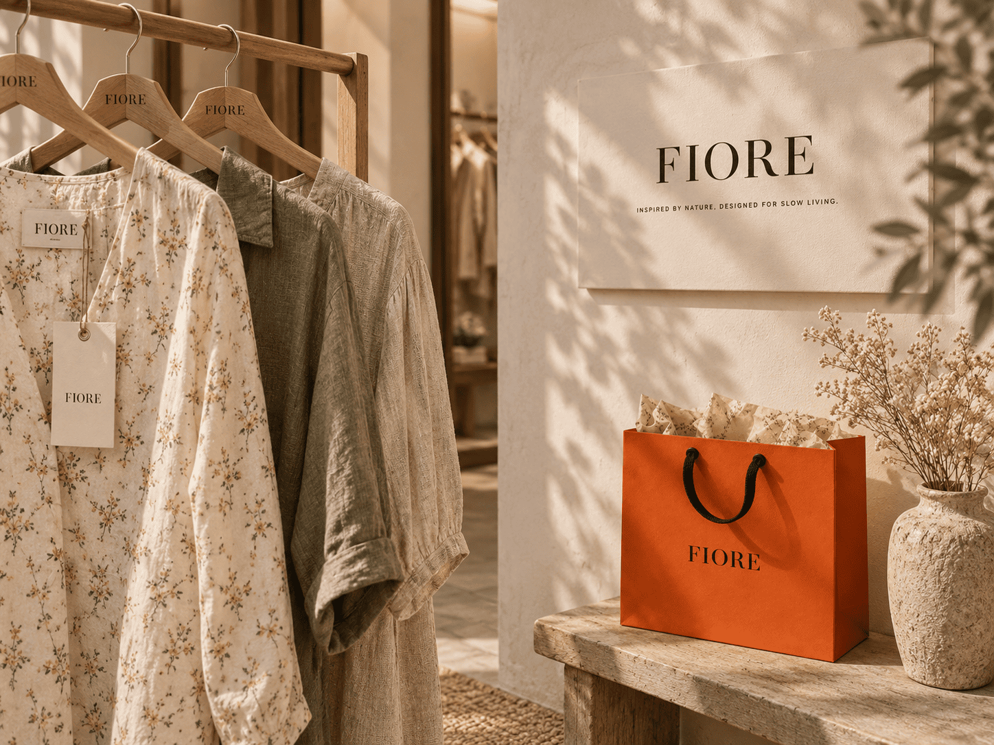 Loja Fiore com roupa em cabides e saco laranja da marca