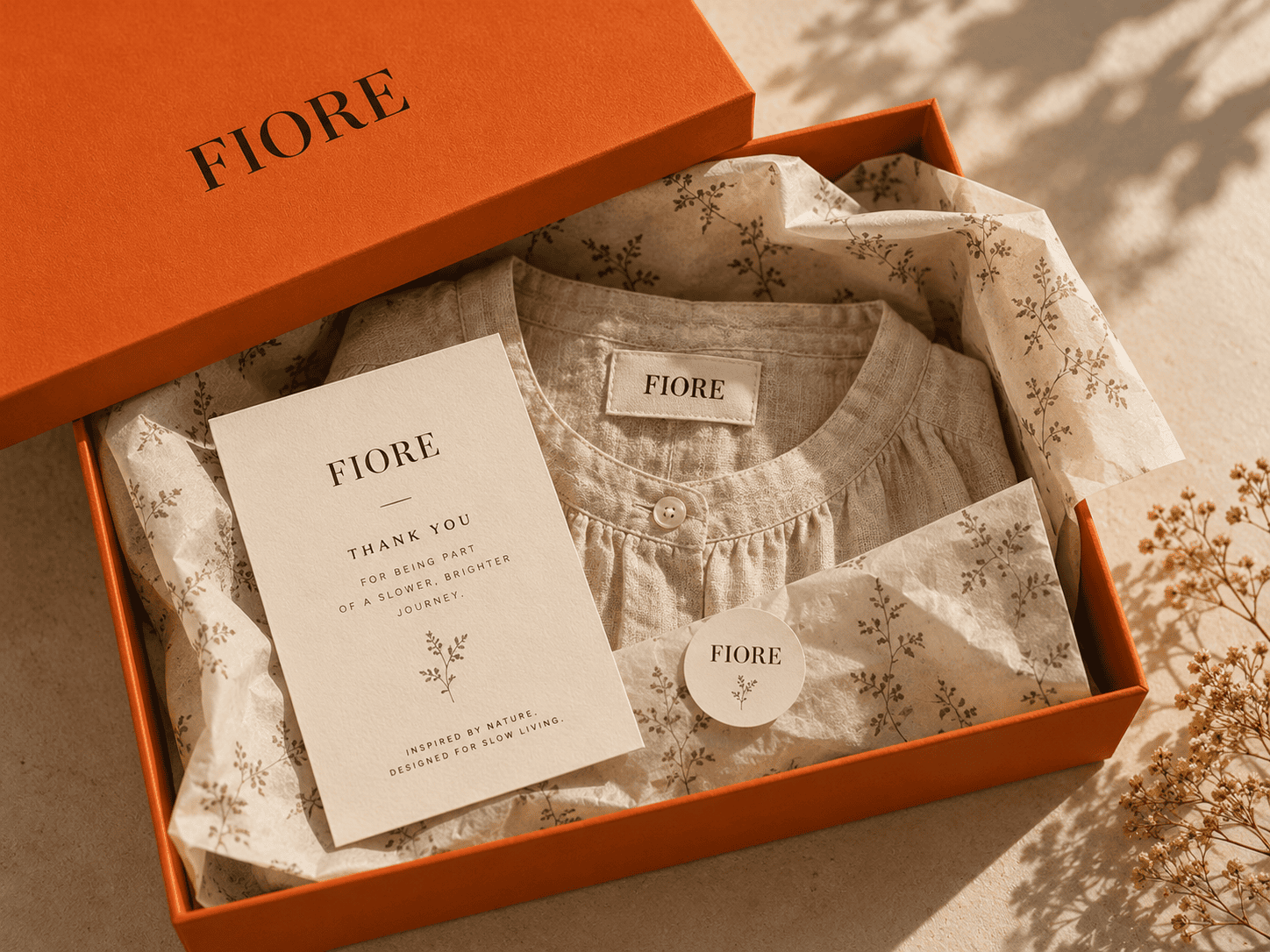 Caixa laranja da Fiore com roupa, cartão de agradecimento e autocolante