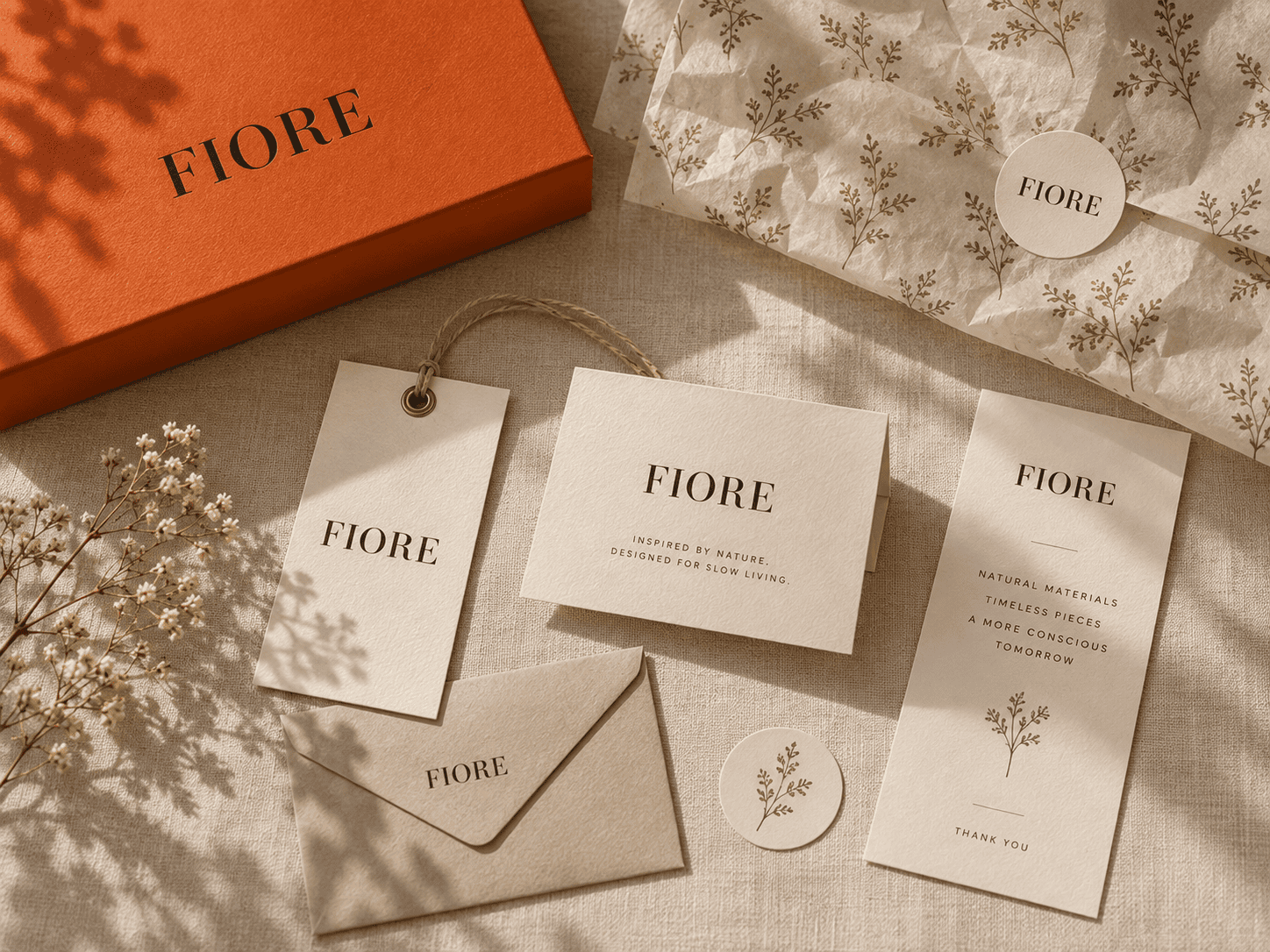 Papelaria da Fiore com etiquetas, cartões e envelope