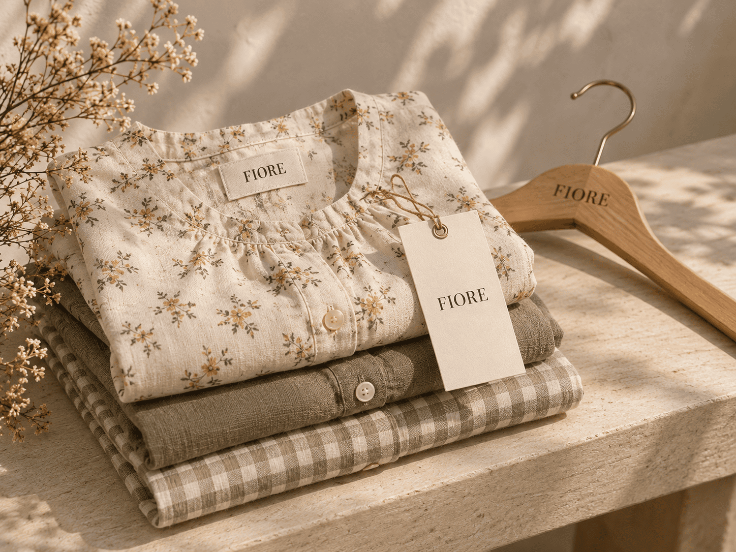 Roupa dobrada com etiqueta da Fiore e cabide de madeira