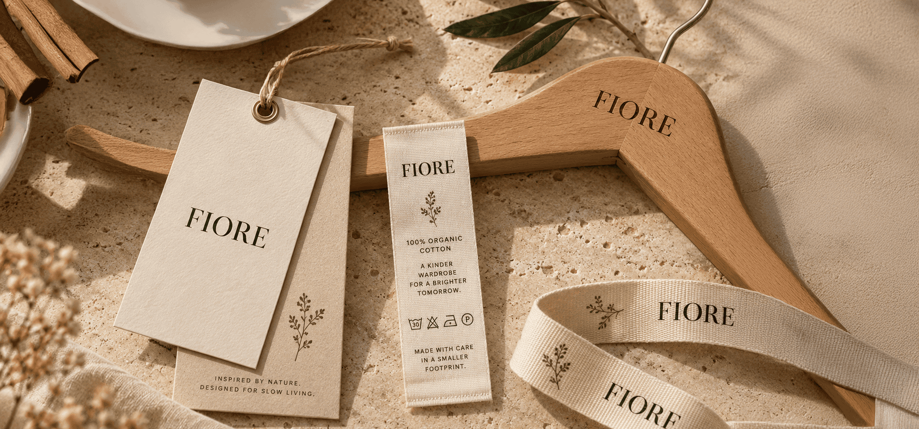 Etiquetas, fita e cabide de madeira com a marca Fiore