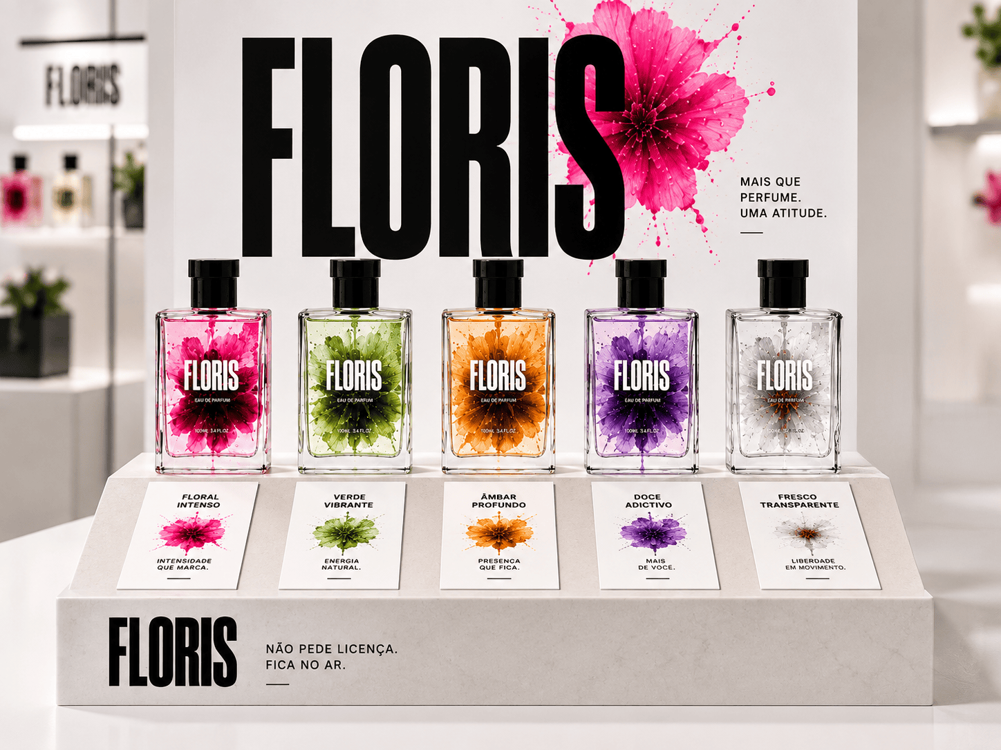 Expositor com a coleção de perfumes Floris