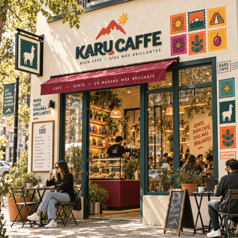 Fachada da loja Karu Caffé com toldo magenta e esplanada