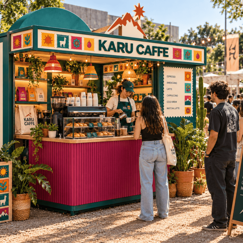 Quiosque da Karu Caffé numa feira ao ar livre com clientes