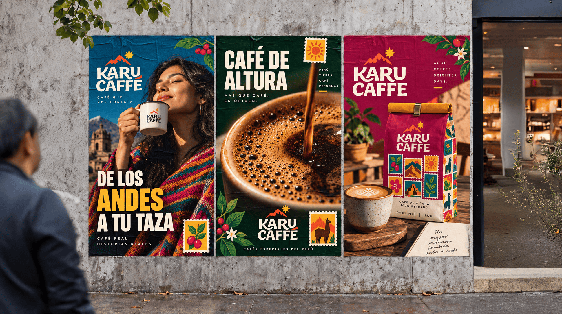 Cartazes da Karu Caffé na rua com a mensagem «De los Andes a tu taza»