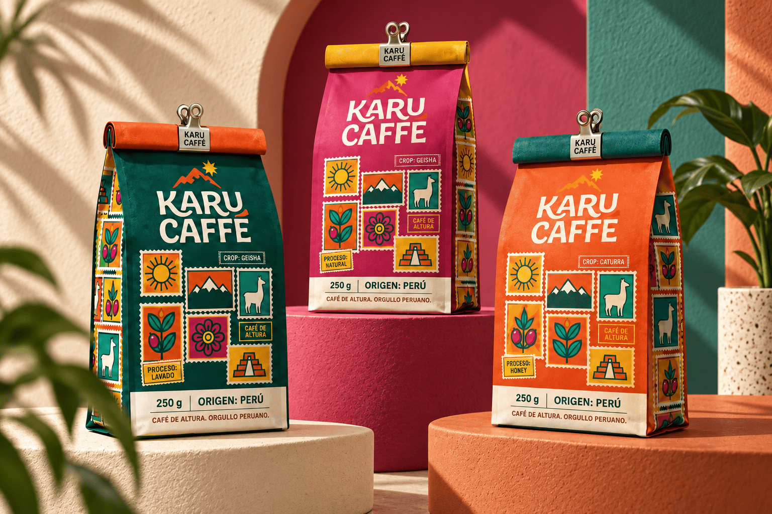 Sacos de café da Karu Caffé em verde, magenta e laranja