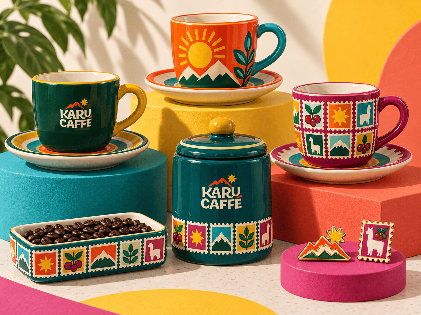 Chávenas, lata e caixa da Karu Caffé com ilustração folk andina
