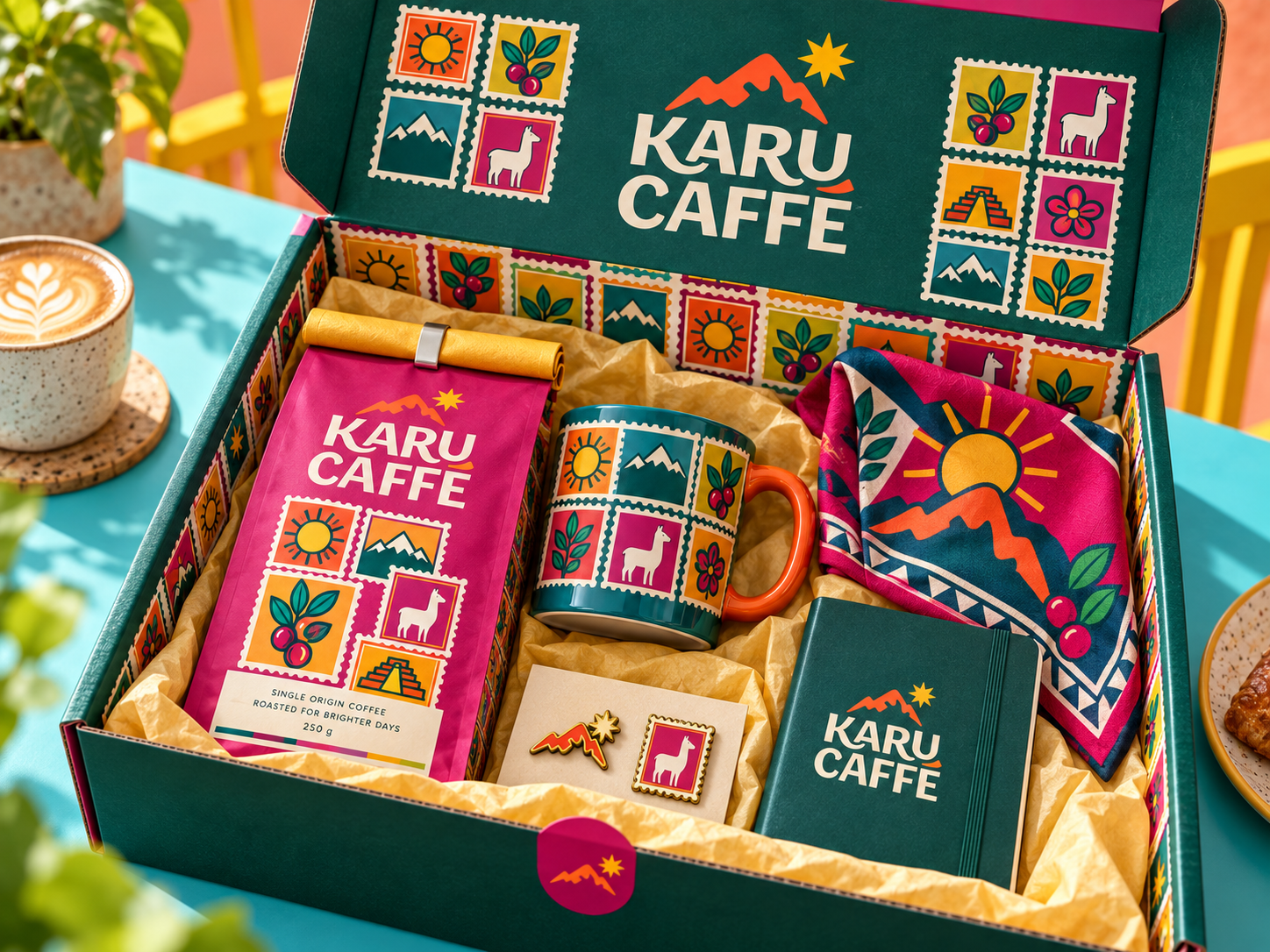 Caixa de oferta da Karu Caffé com café, caneca e lenço estampado