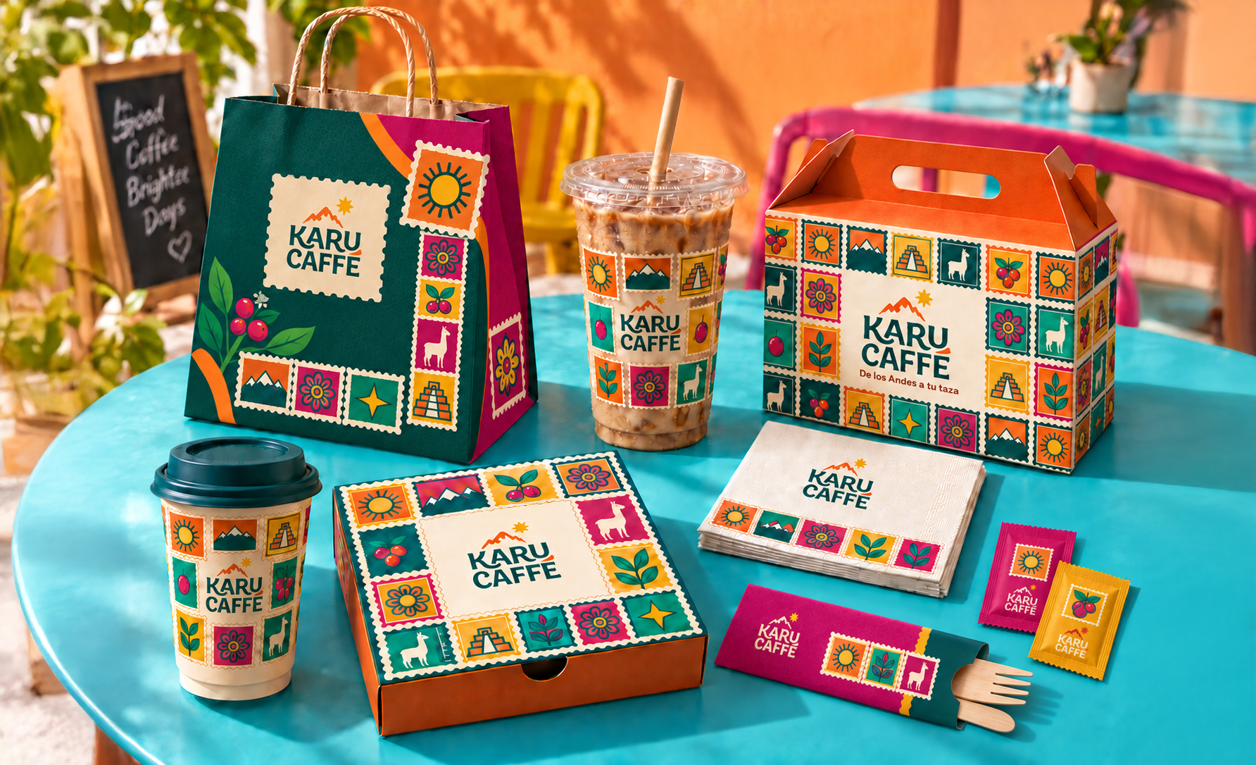 Embalagens, copos e sacos da Karu Caffé com padrões andinos coloridos