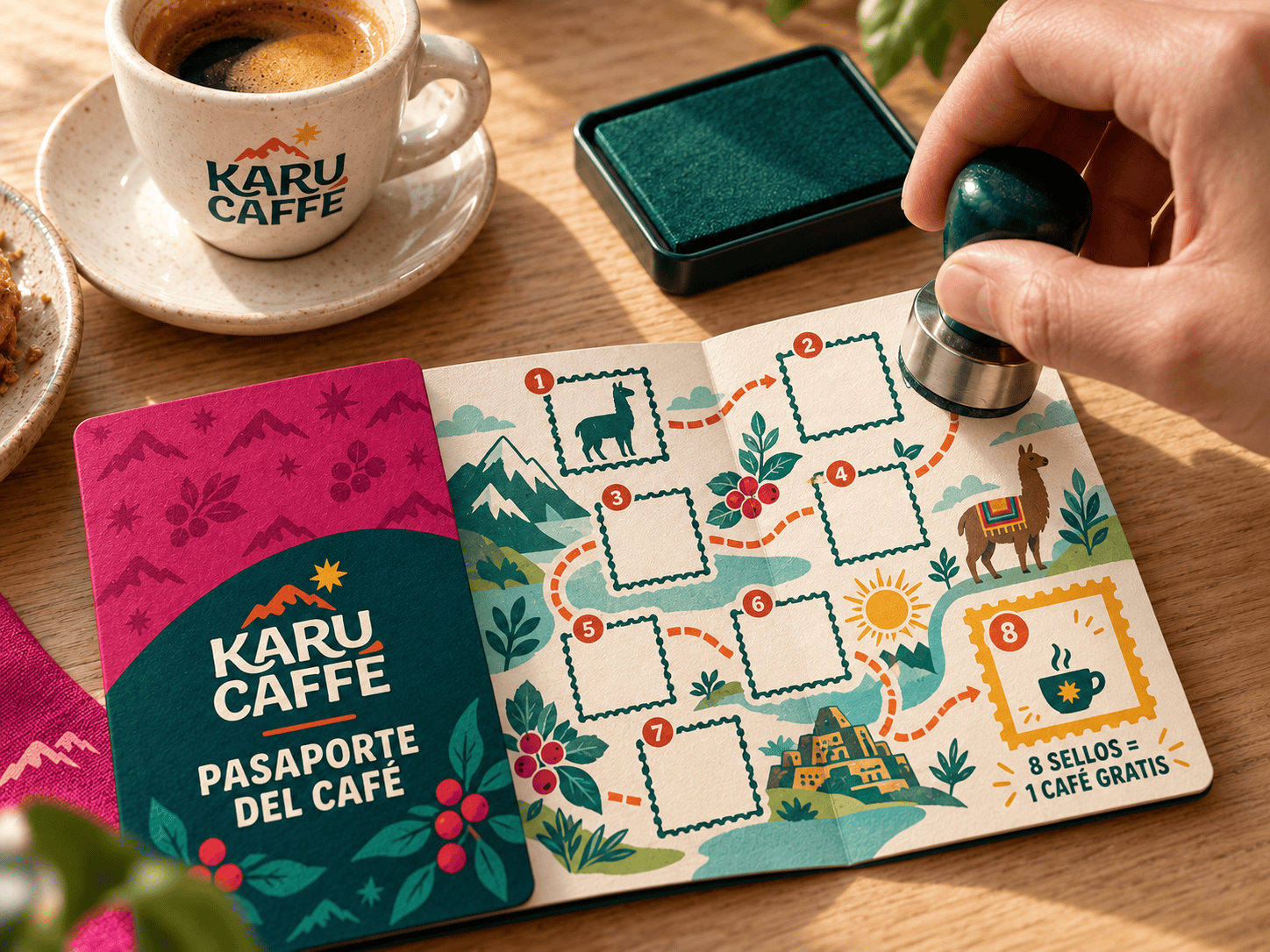 Passaporte do café da Karu Caffé com carimbos ao lado de uma chávena