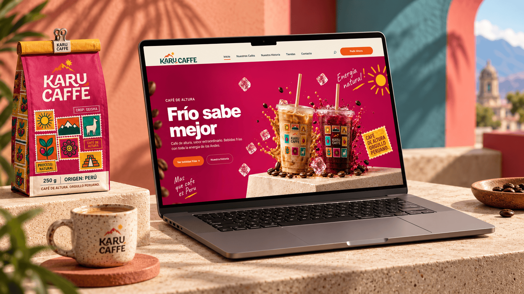 Portátil com o website da Karu Caffé e saco de café sobre a mesa