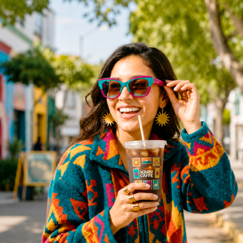 Mulher de óculos de sol a beber café gelado da Karu Caffé na rua