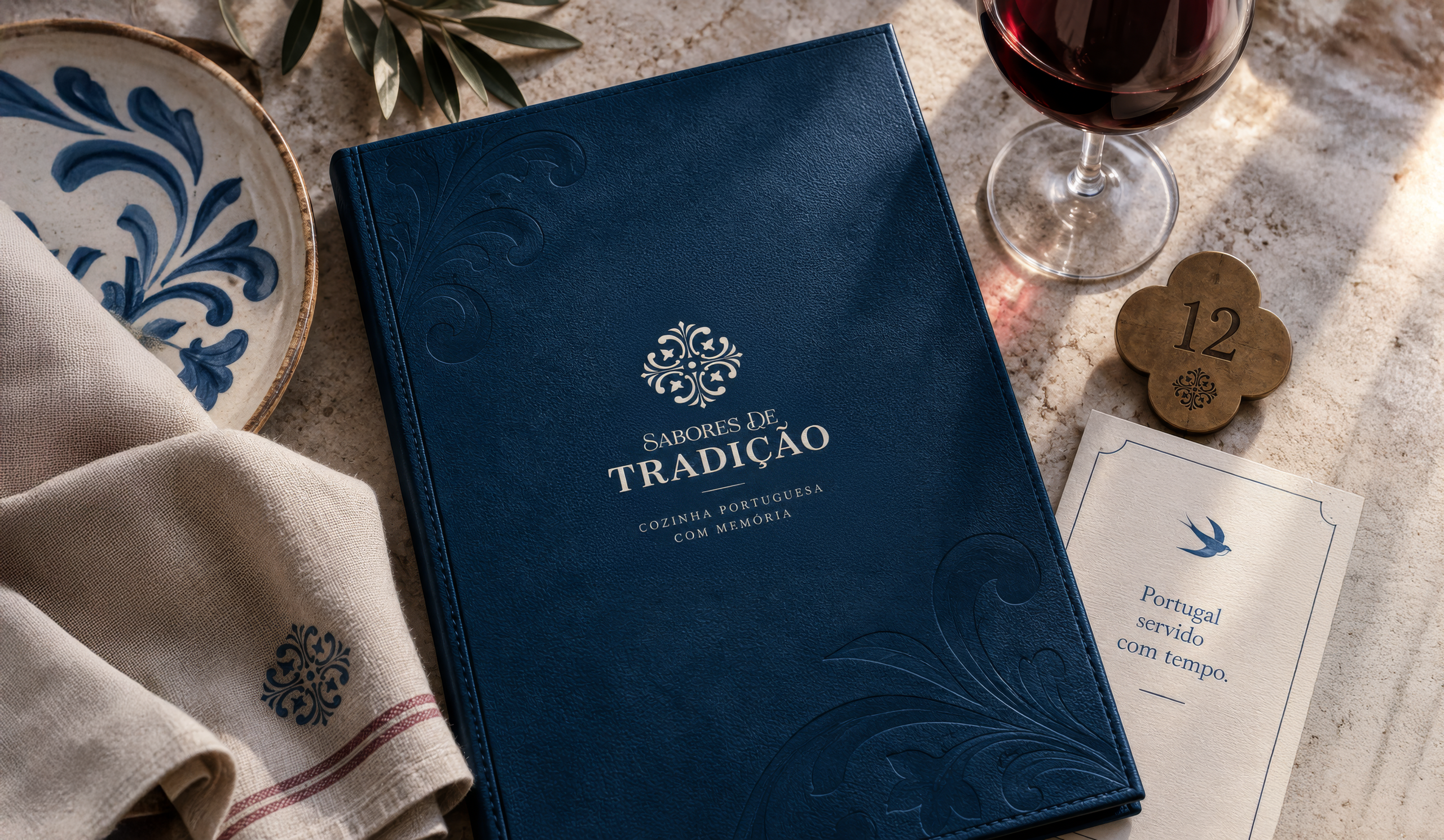 Menu azul-escuro da Sabores de Tradição sobre mesa com loiça portuguesa