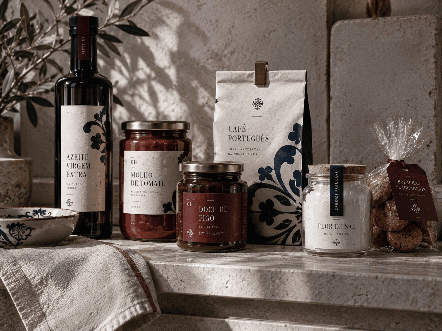 Produtos de mercearia da Sabores de Tradição: vinho, doce de tomate, café e sal