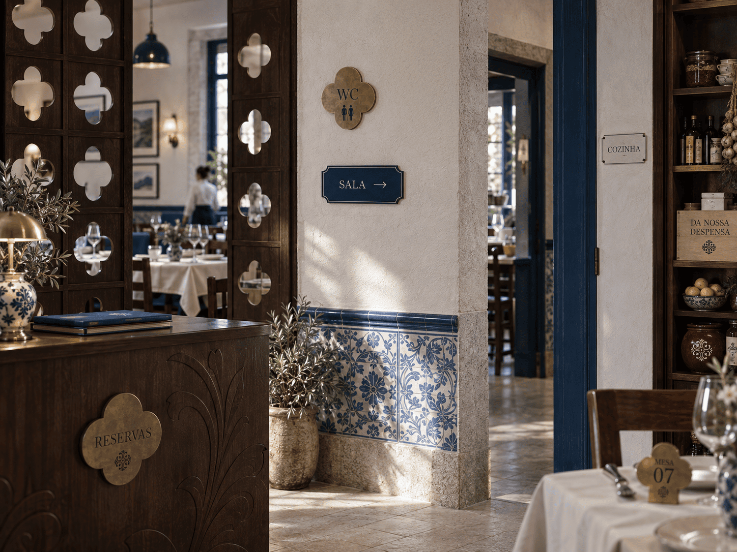 Sinalética e interior do restaurante Sabores de Tradição com azulejos