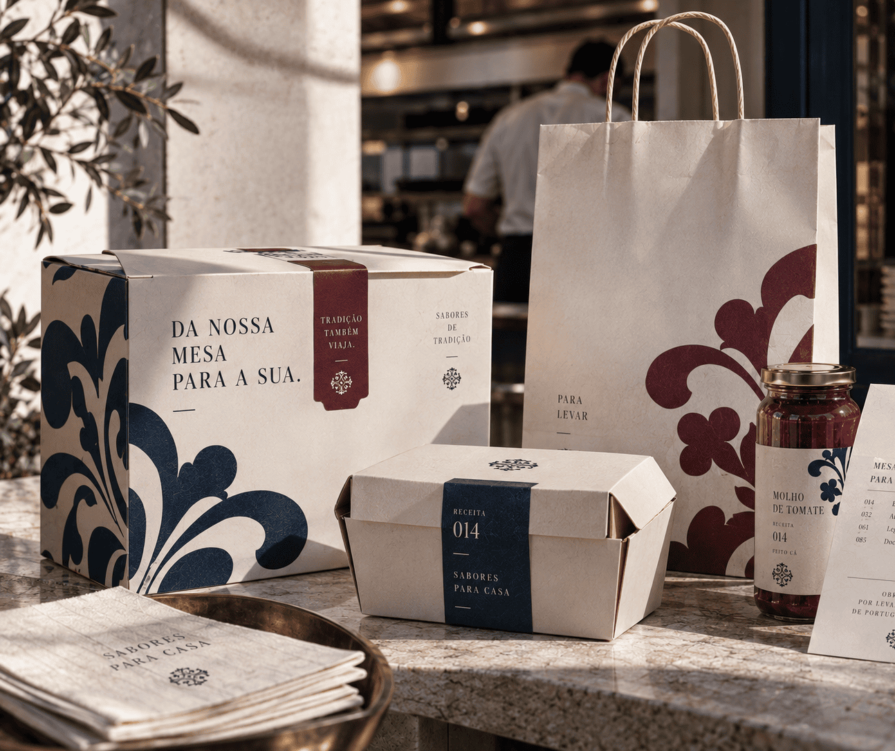 Embalagens e sacos de take away da Sabores de Tradição com ornamentos azuis