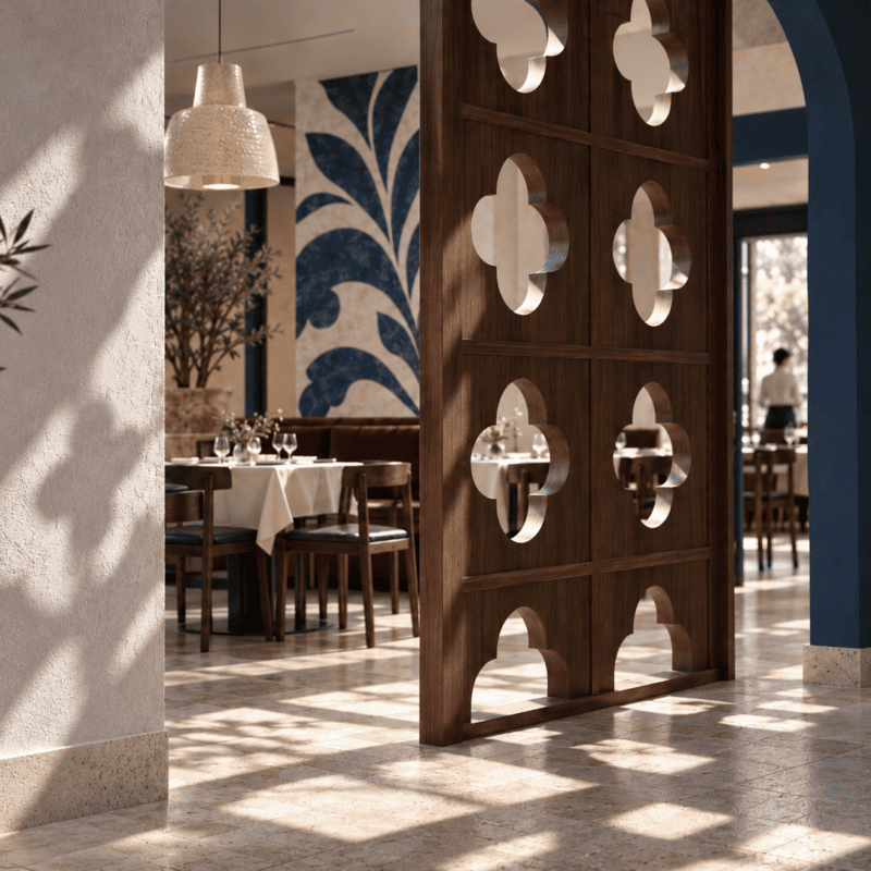 Interior do restaurante Sabores de Tradição com biombo de madeira e ornamentos azuis