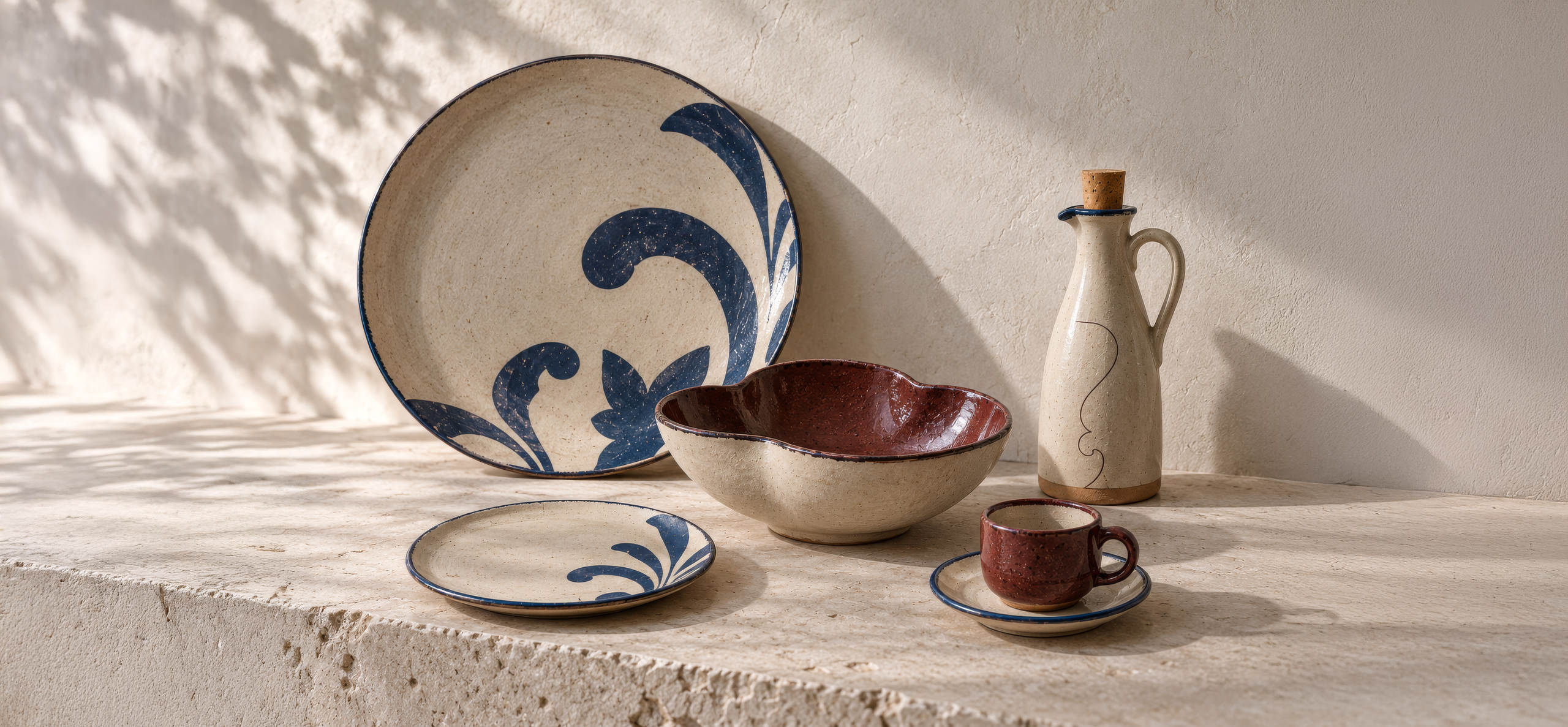 Loiça da Sabores de Tradição com ornamentos azuis e vermelhos