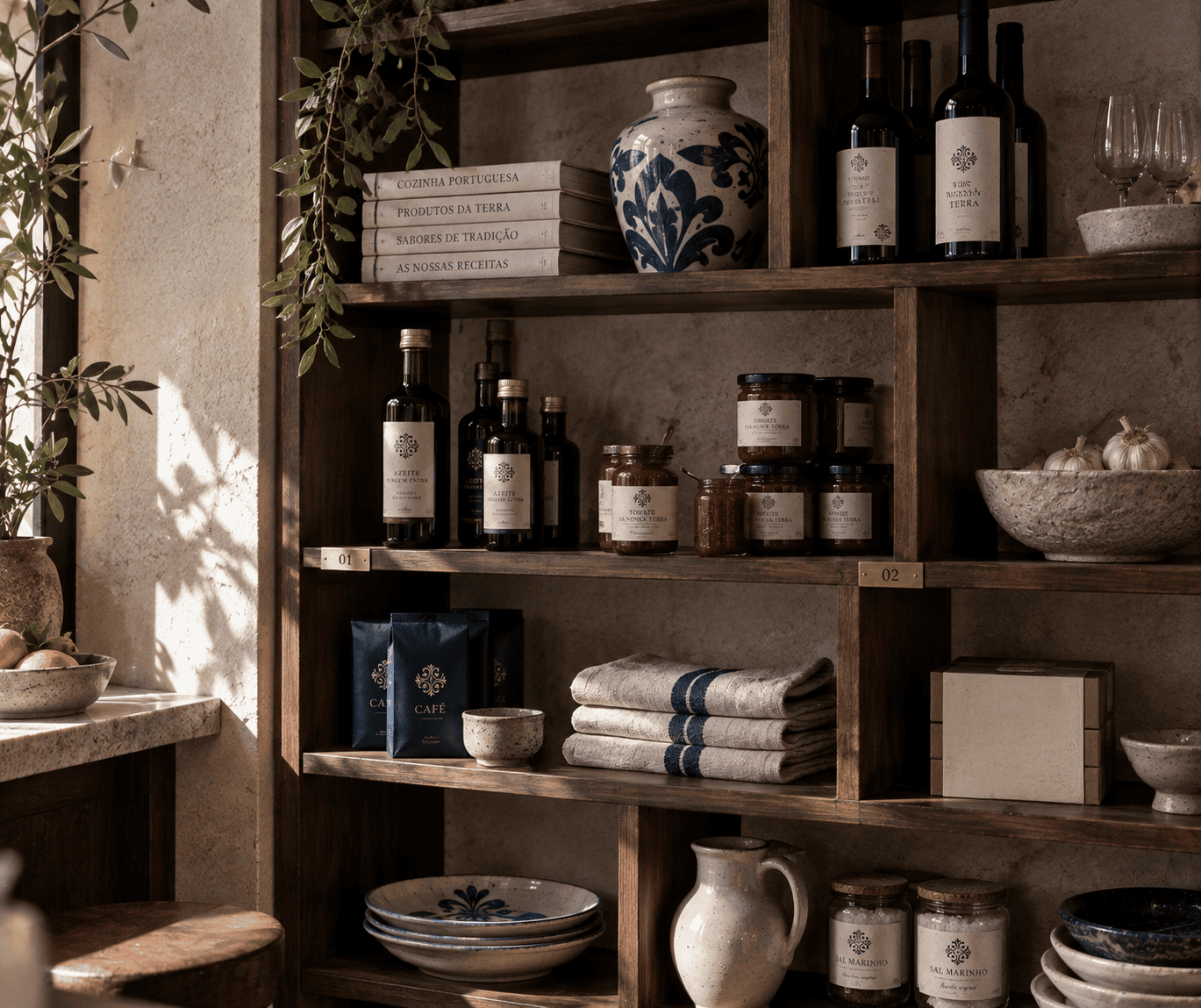 Prateleiras da mercearia Sabores de Tradição com conservas, vinhos e loiça