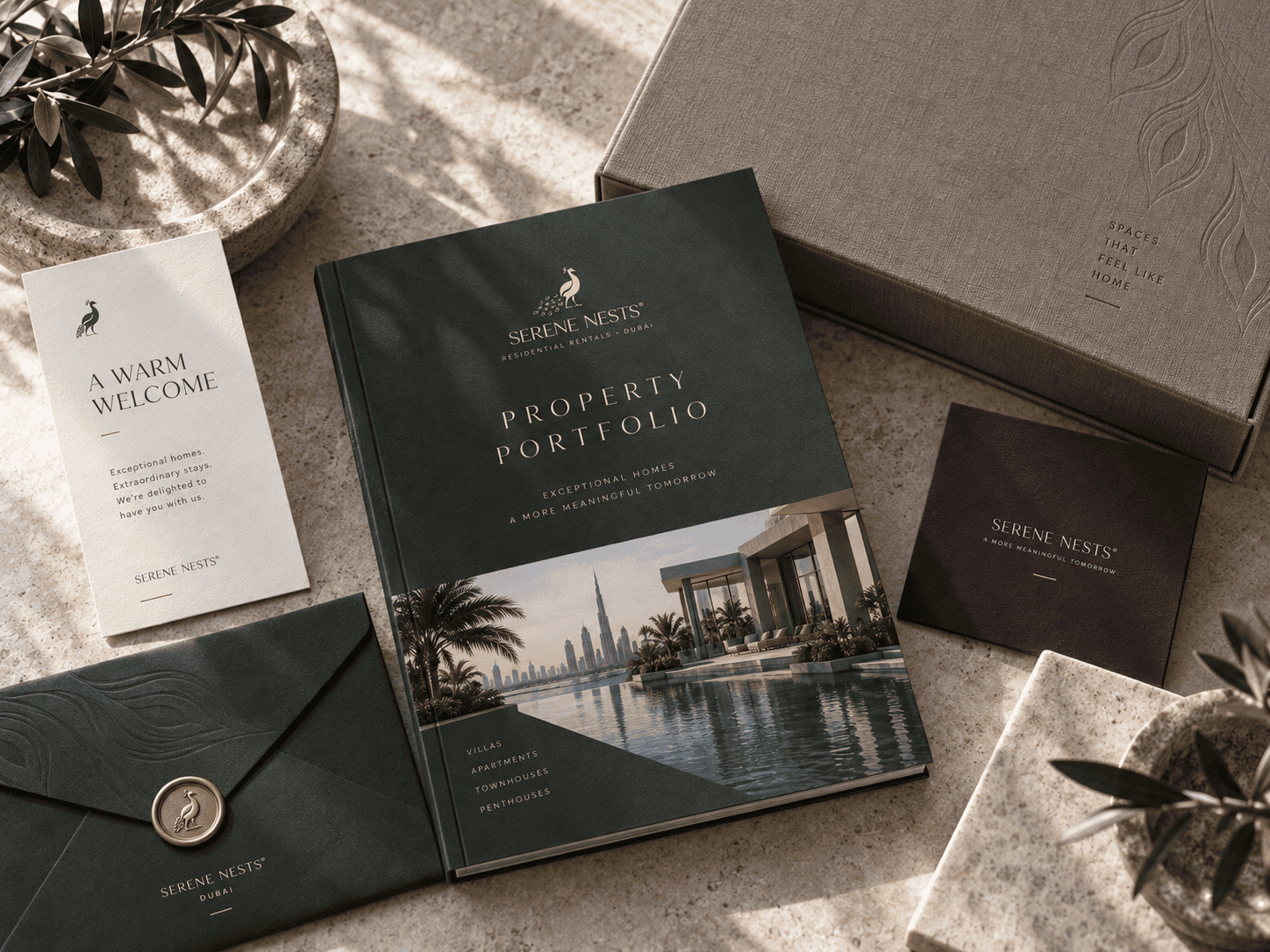 Portefólio de propriedades e papelaria da Serene Nests em verde-escuro