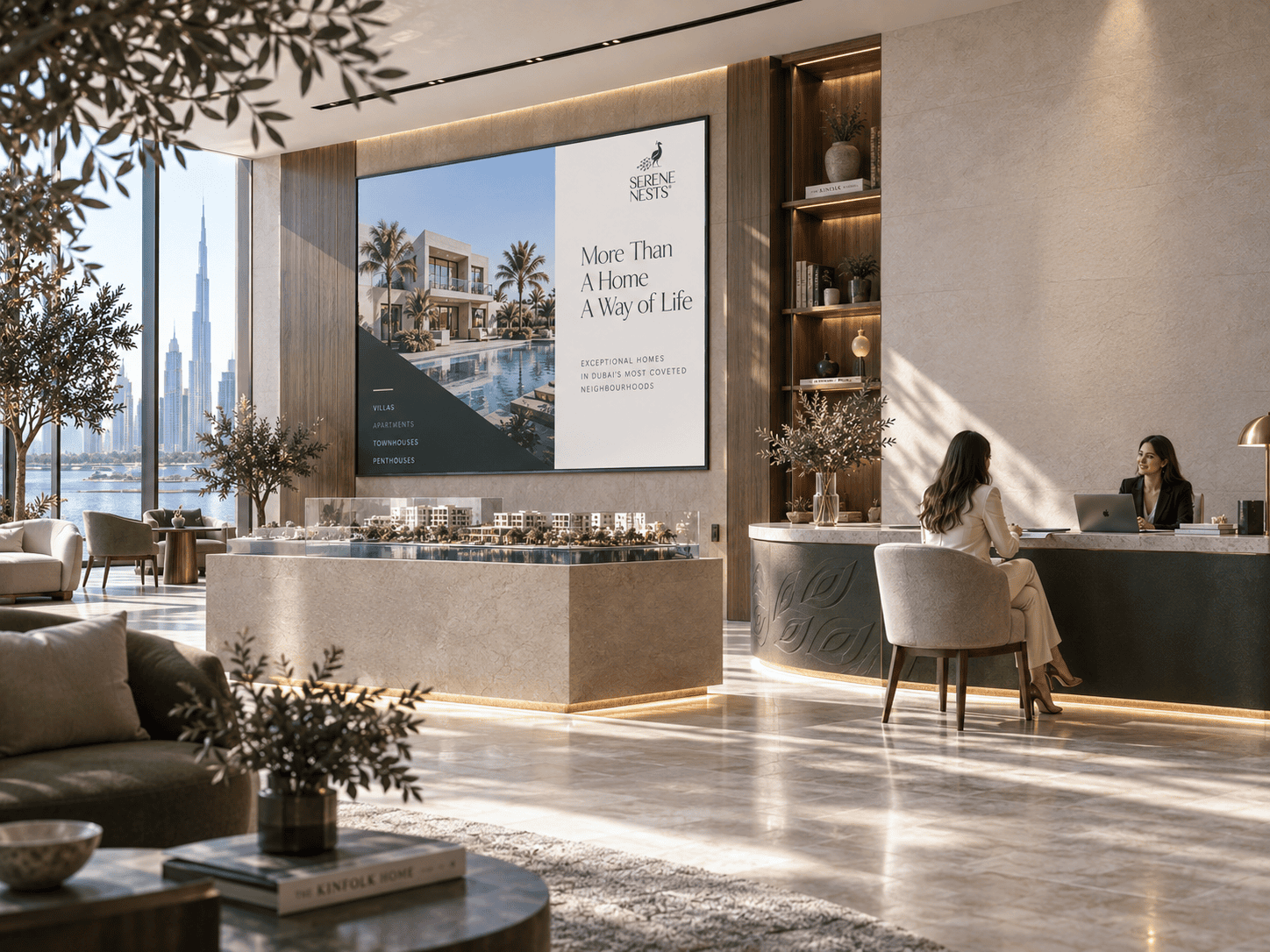 Receção do escritório da Serene Nests com ecrã e vista para o Dubai