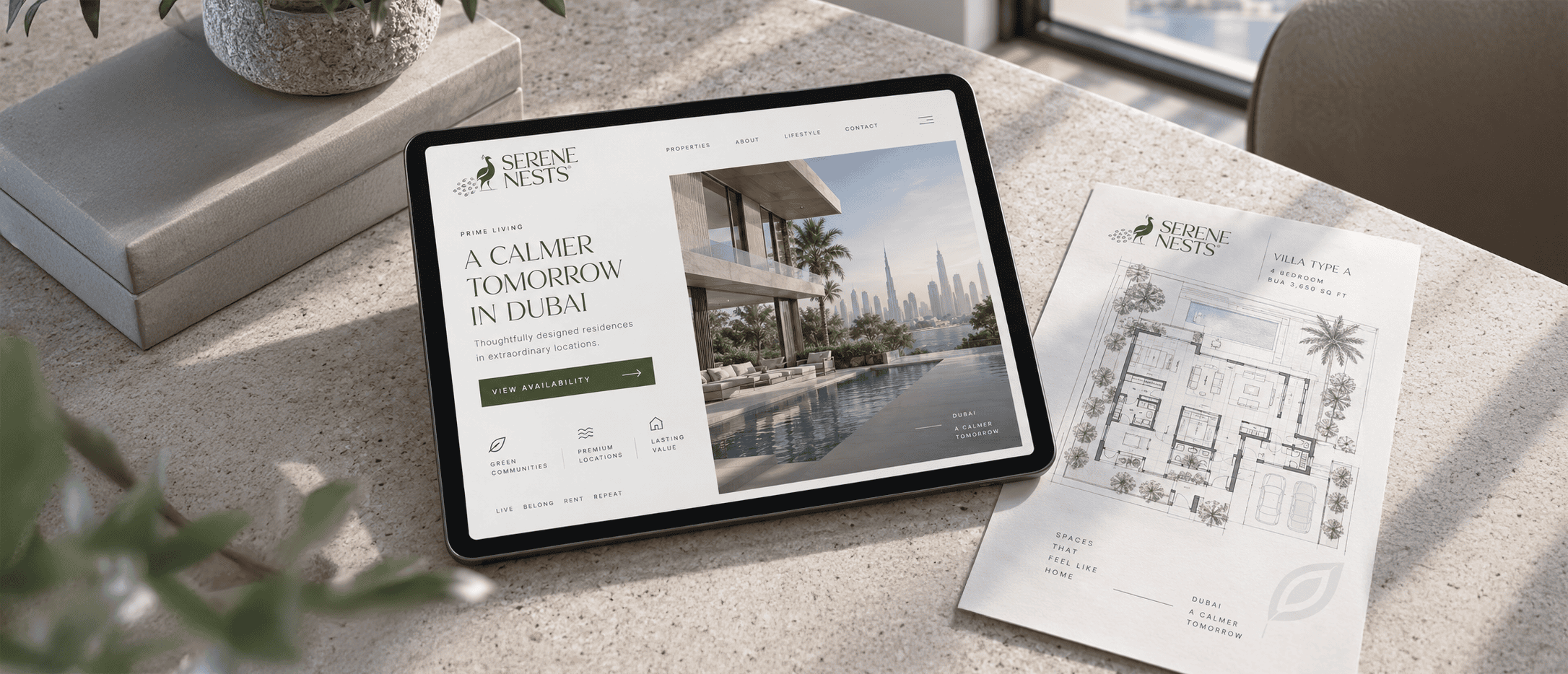 Tablet com o website da Serene Nests e planta de apartamento impressa