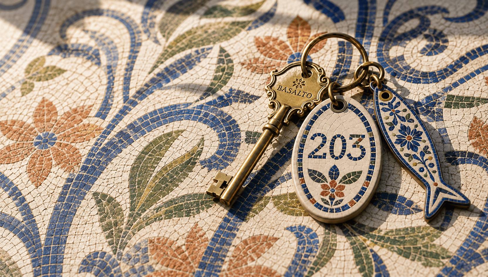 Chave de latão do quarto 203 do Basalto sobre calçada em mosaico