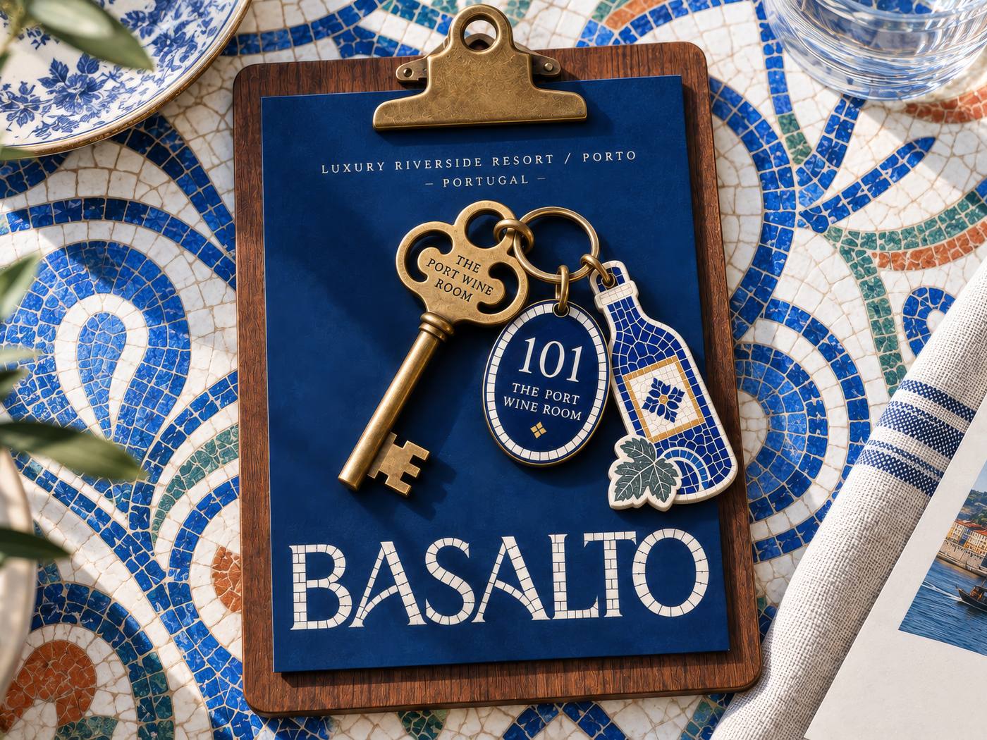 Prancheta e chave do quarto 101 do Basalto sobre azulejo