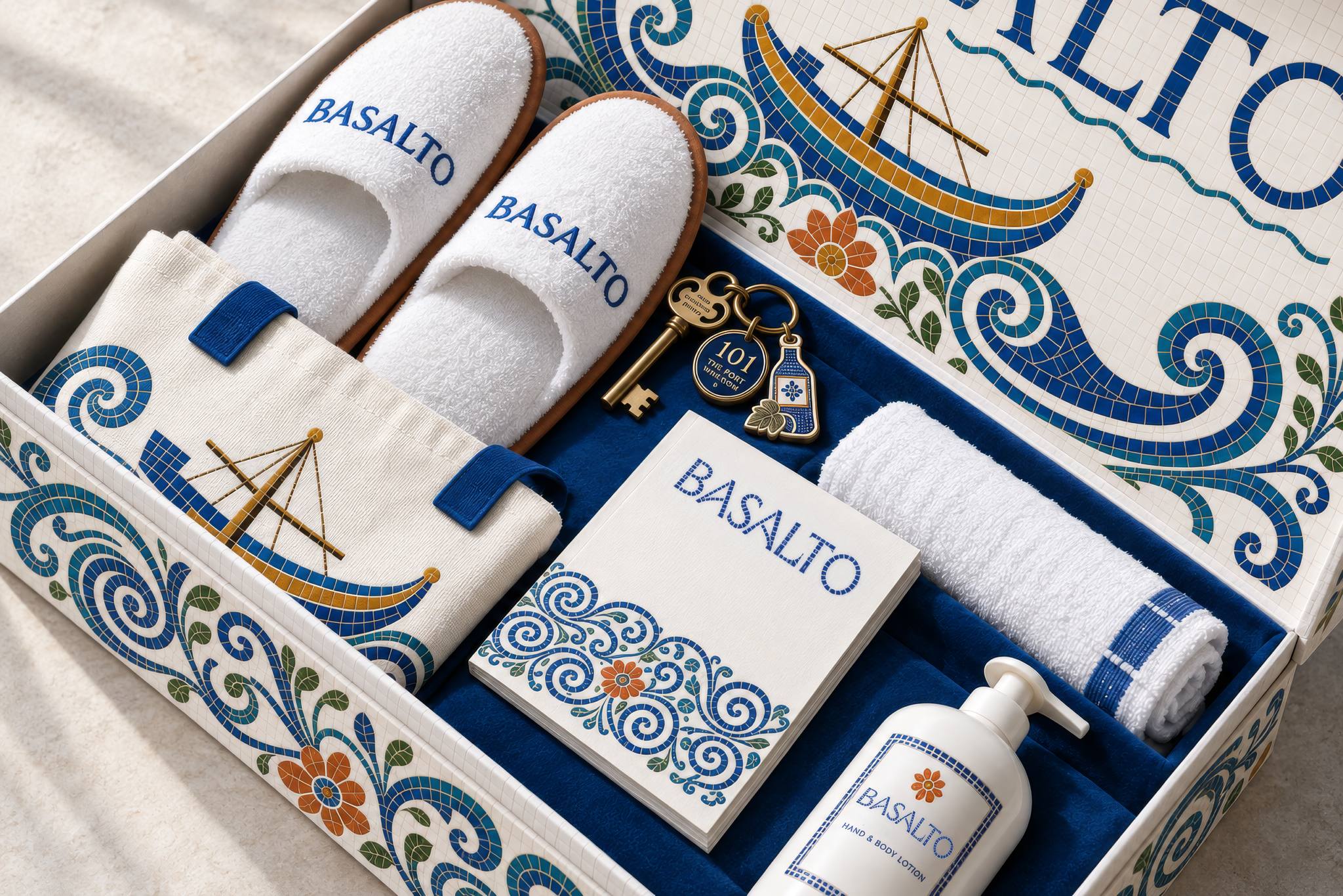 Kit de boas-vindas do Basalto com chinelos e produtos de higiene