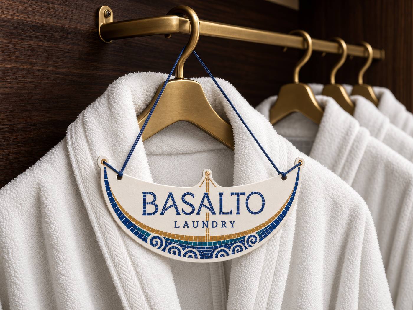 Etiqueta da lavandaria do Basalto pendurada num roupão branco