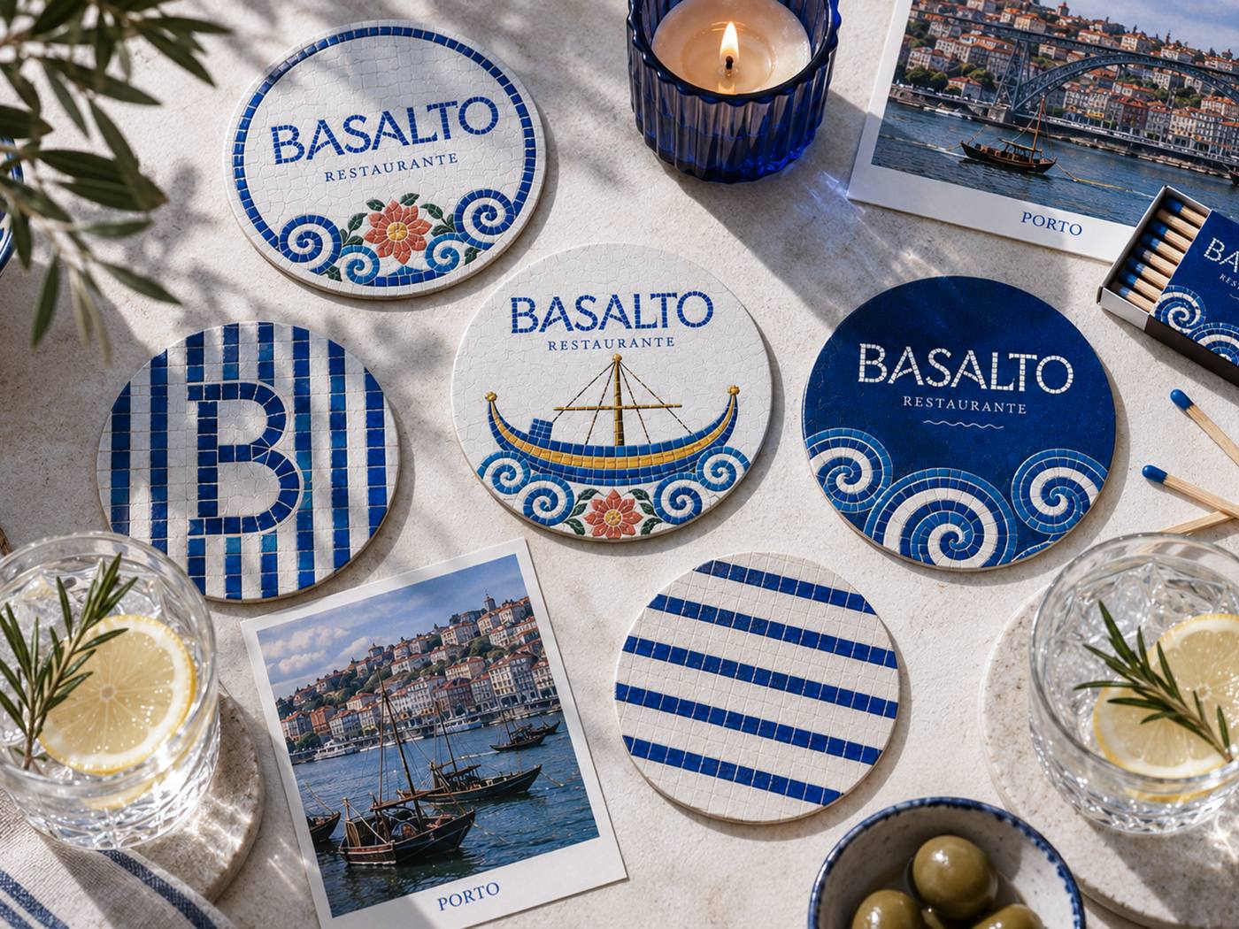 Bases de copo do Basalto com padrões azuis e fotografia do Porto