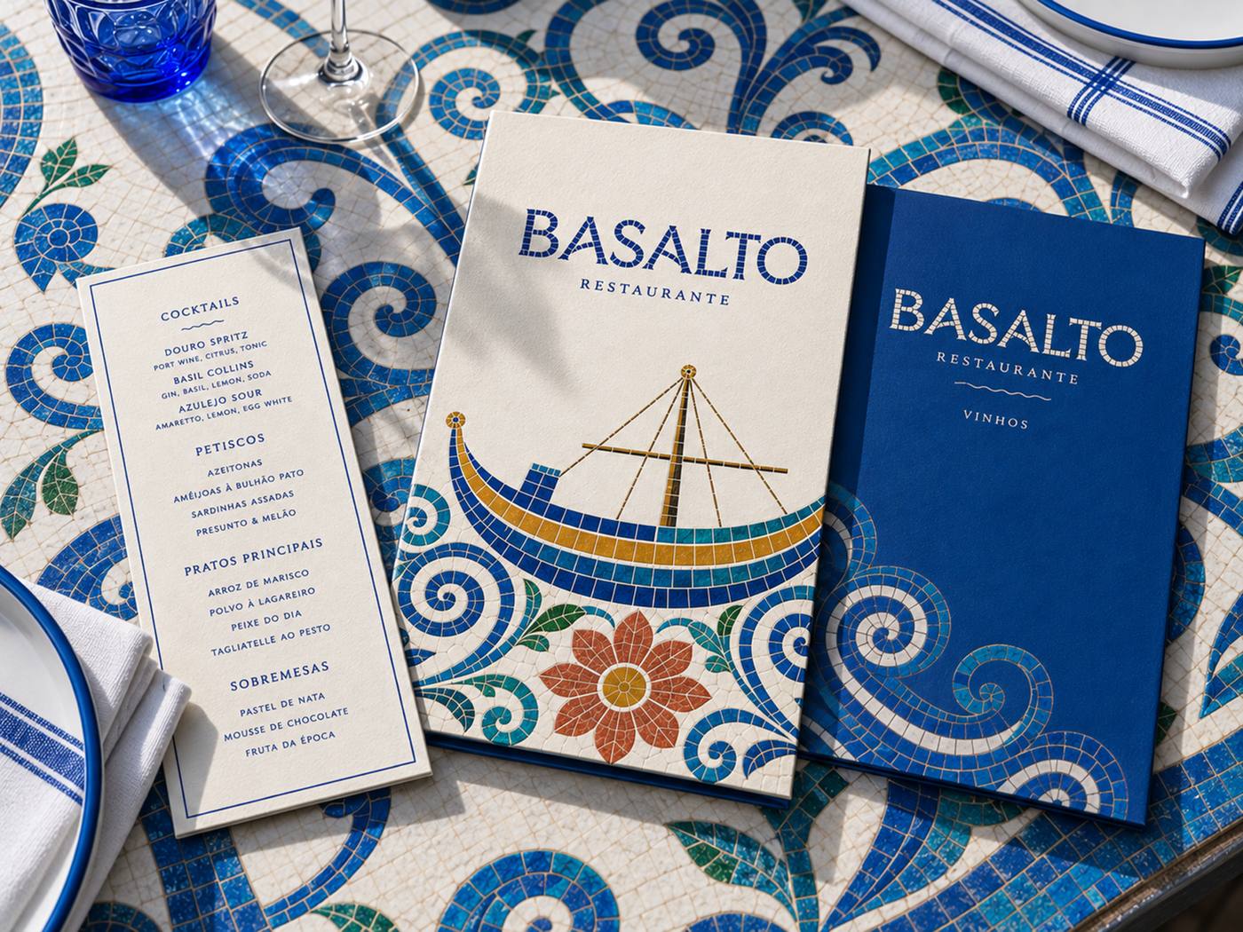 Menus do restaurante do Basalto sobre toalha de azulejo