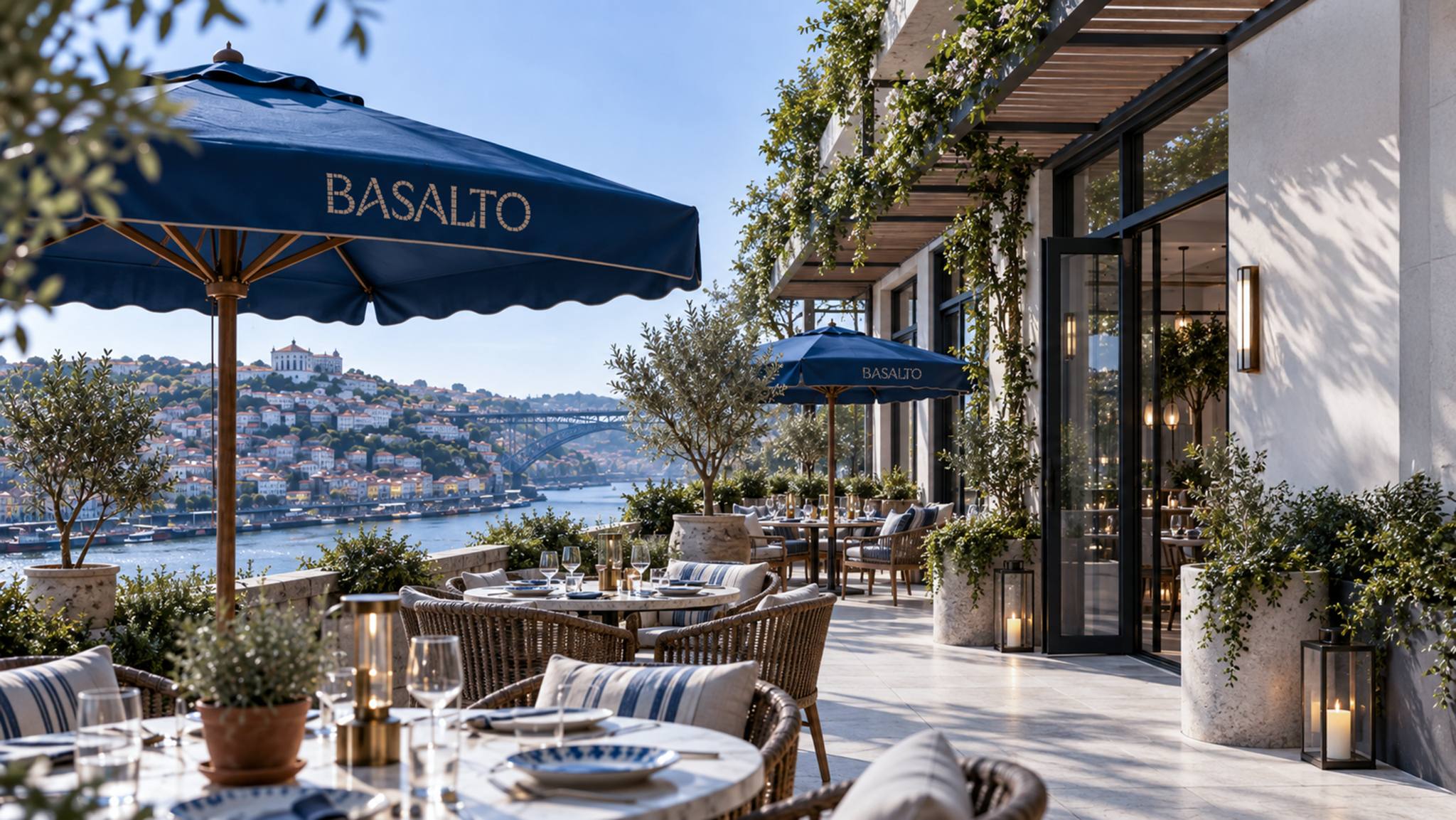 Terraço do Basalto com guarda-sóis azuis e vista sobre o Porto