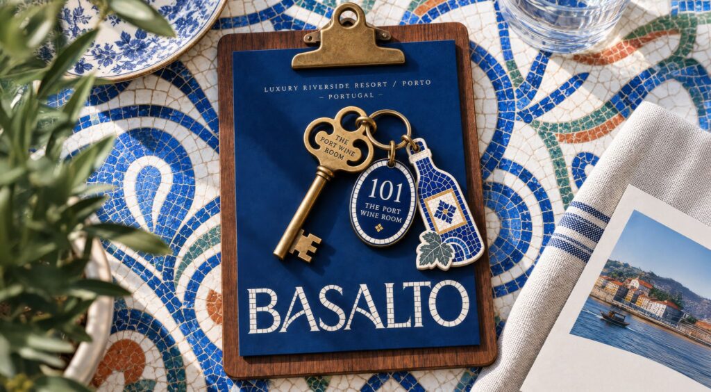 Prancheta e porta-chaves com o logótipo do Basalto sobre azulejo português