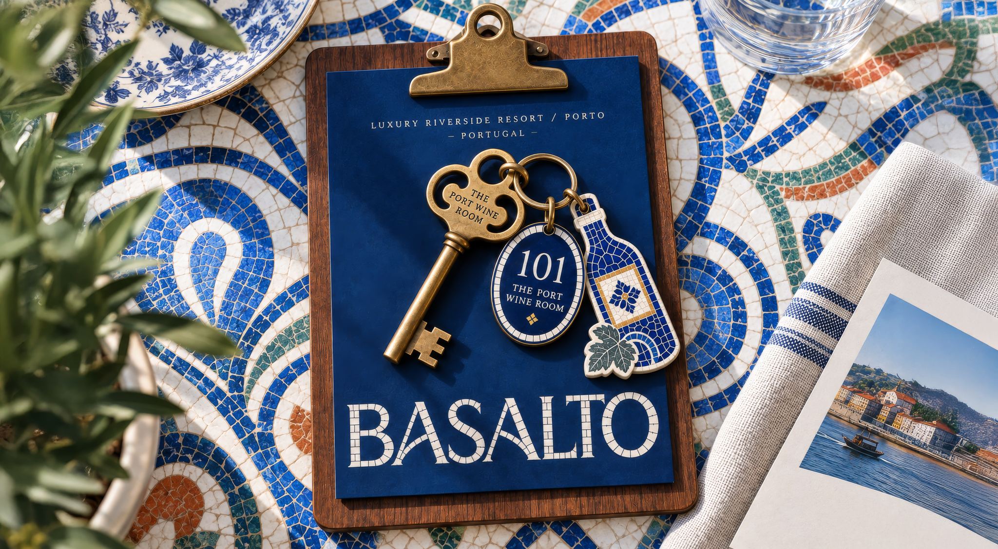 Prancheta e porta-chaves com o logótipo do Basalto sobre azulejo português