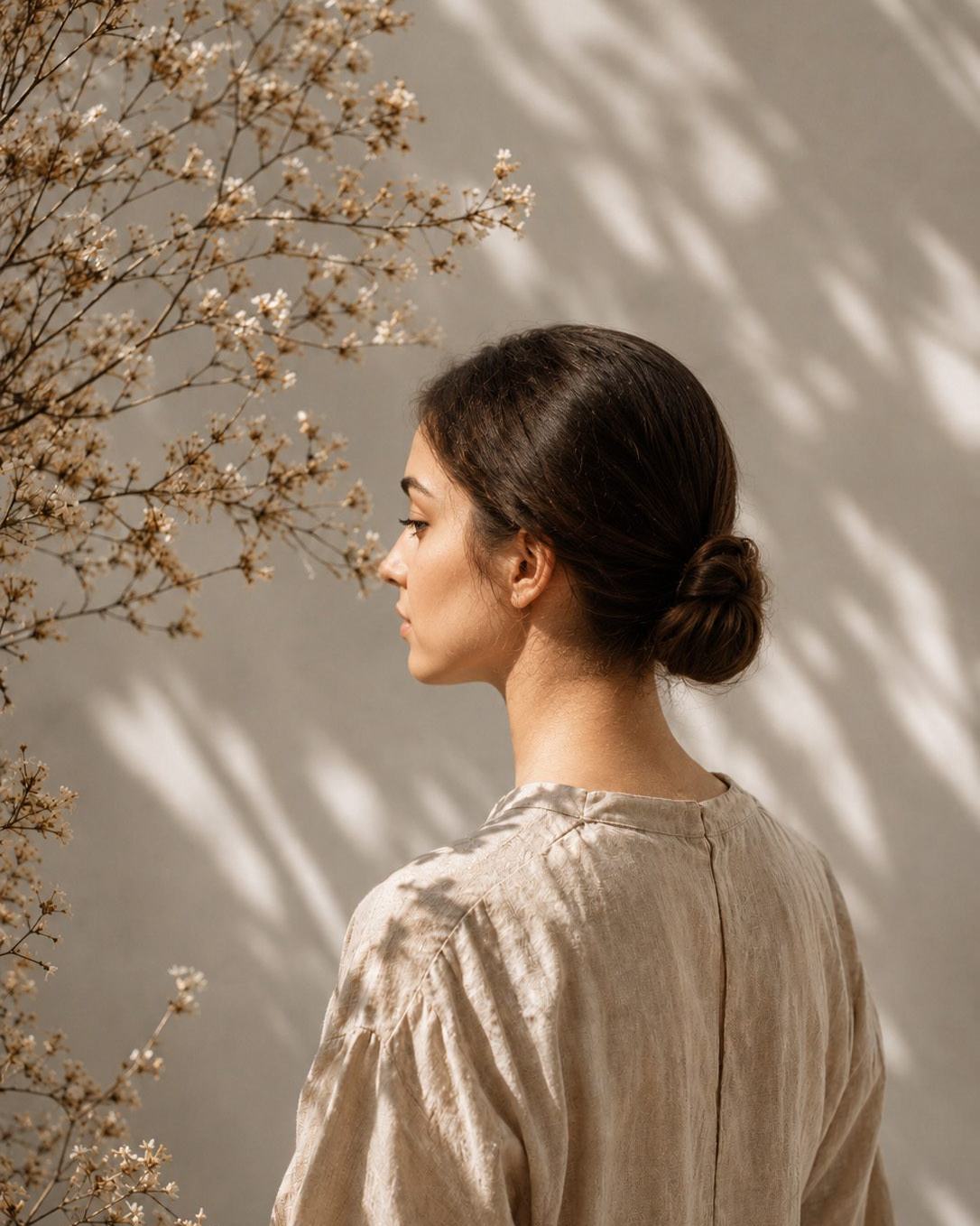 Mulher de roupa de linho numa fotografia da campanha da Fiore