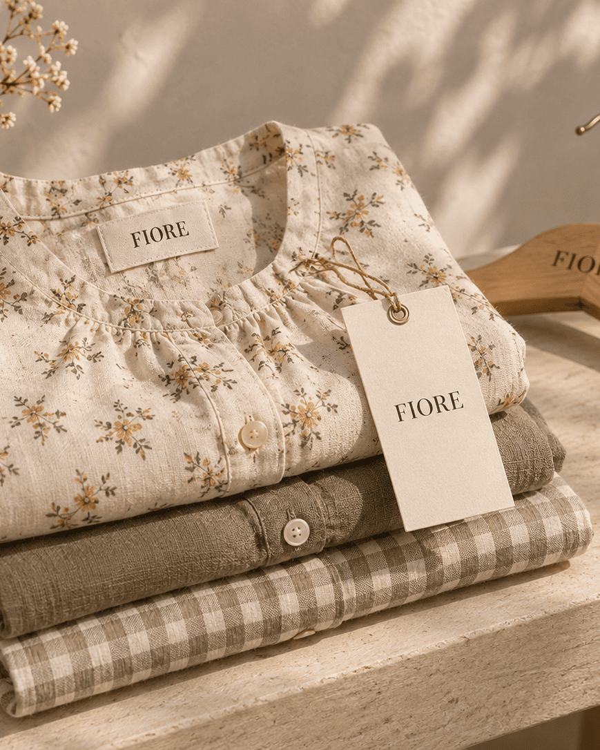 Roupa dobrada com etiqueta da Fiore e cabide de madeira
