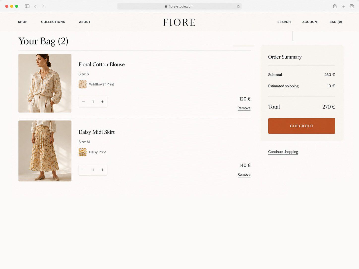 Carrinho de compras da loja online da Fiore