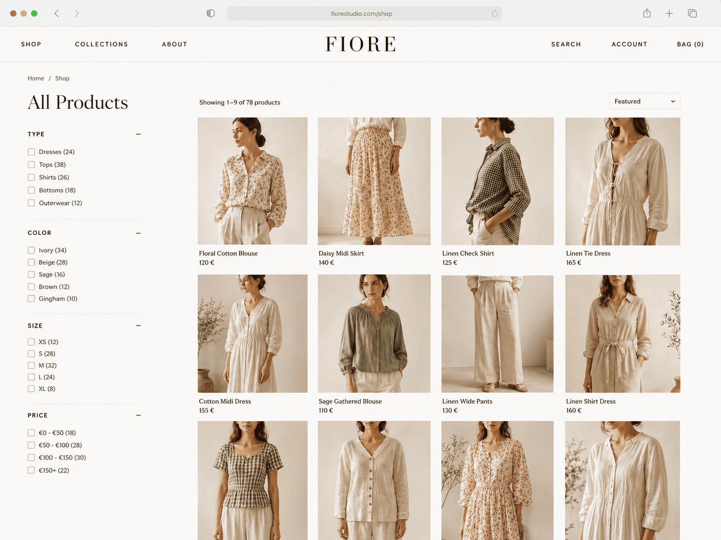 Página de catálogo da loja online da Fiore com filtros