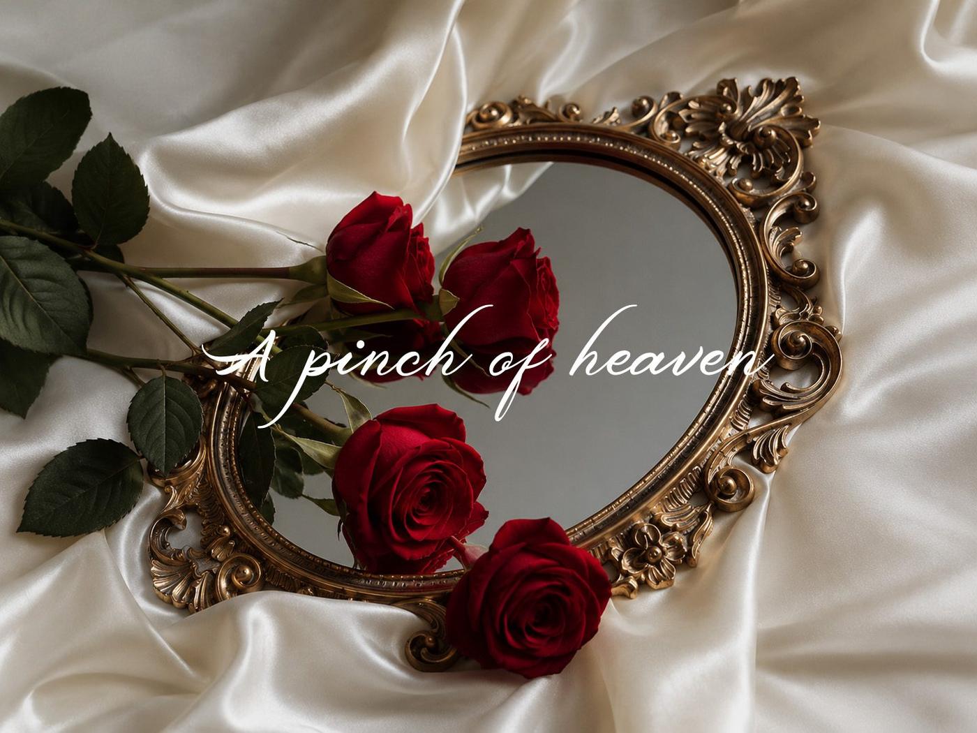 Espelho dourado com rosas vermelhas e a frase A pinch of heaven, sobre cetim
