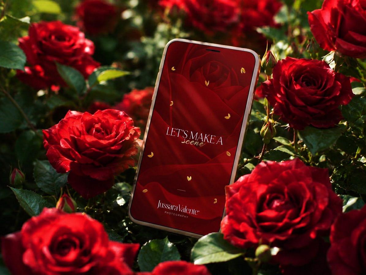 Telemóvel com o ecrã Let’s make a scene entre rosas vermelhas