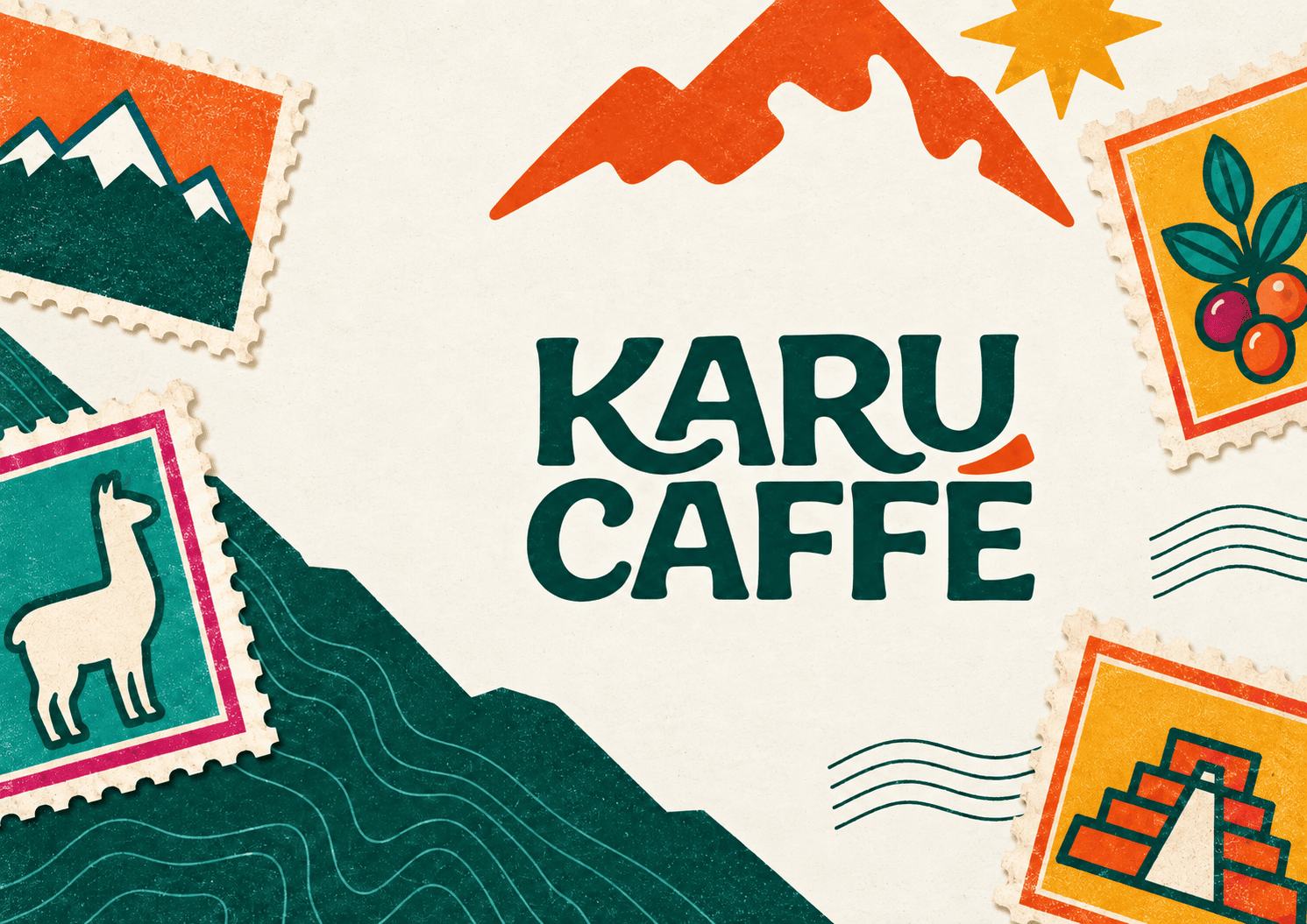 Logótipo da Karu Caffé com montanha laranja, sol e selos andinos