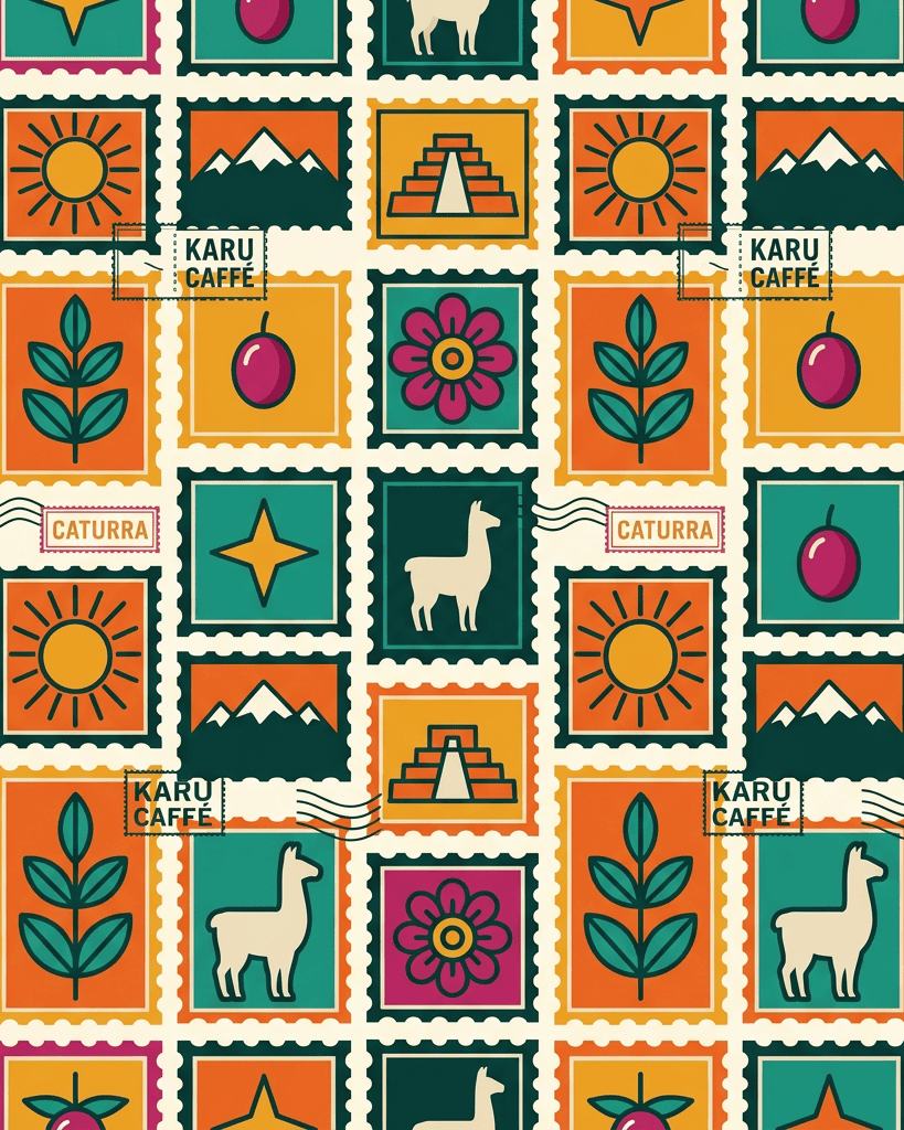 Padrão da Karu Caffé com selos de lamas, sóis e montanhas