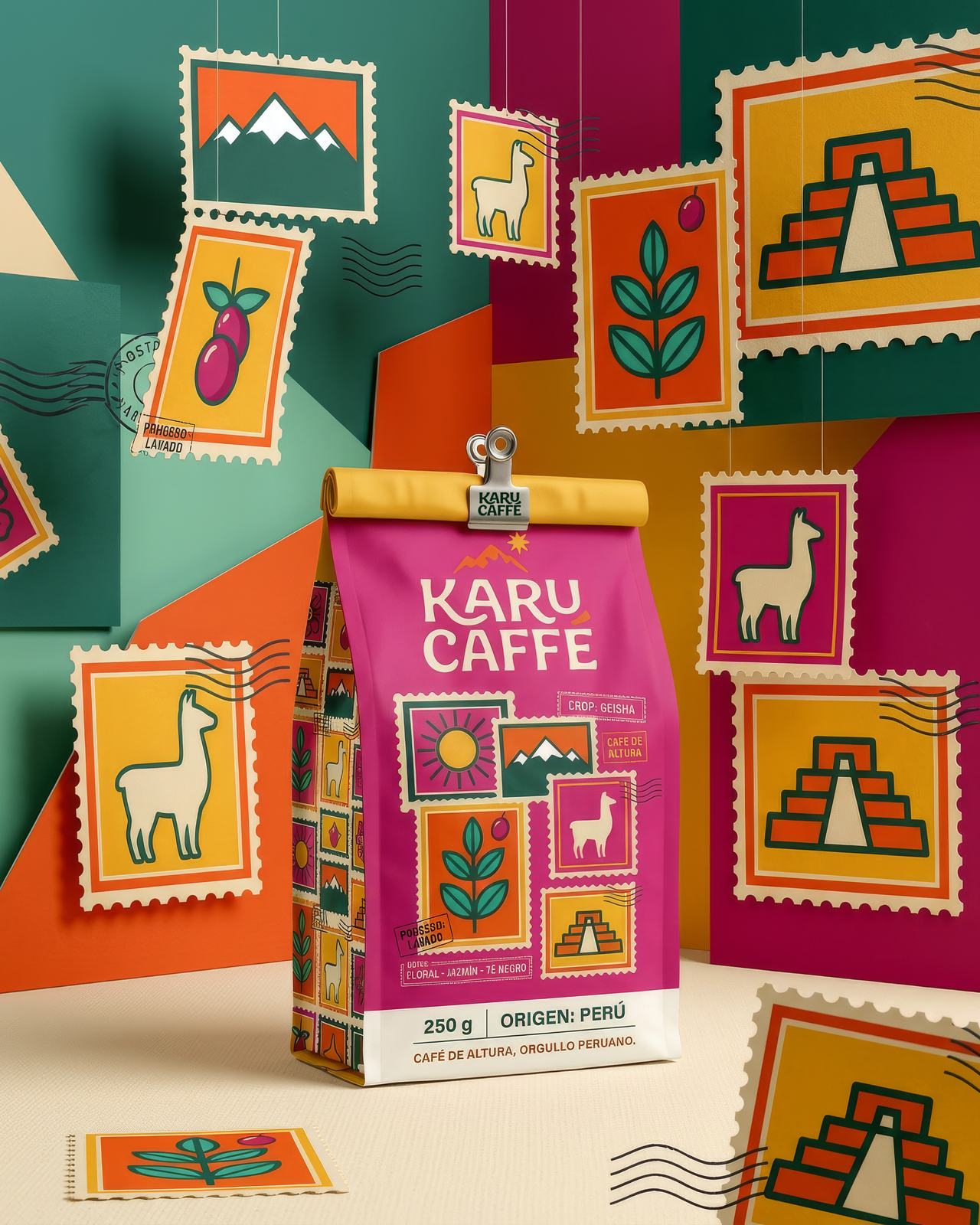 Saco de café da Karu Caffé rodeado de selos ilustrados
